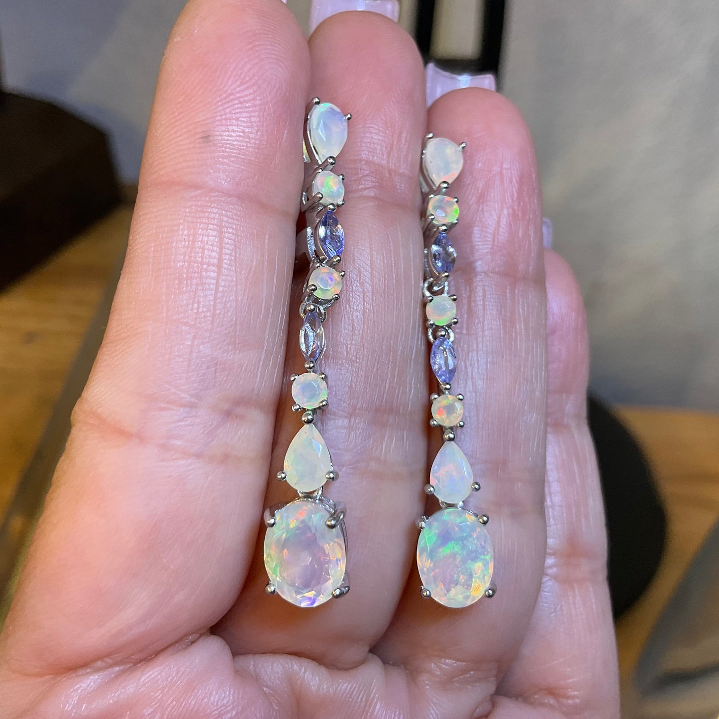Sterling Silver rainbow opal marquis cut tanzanite dangle earrings