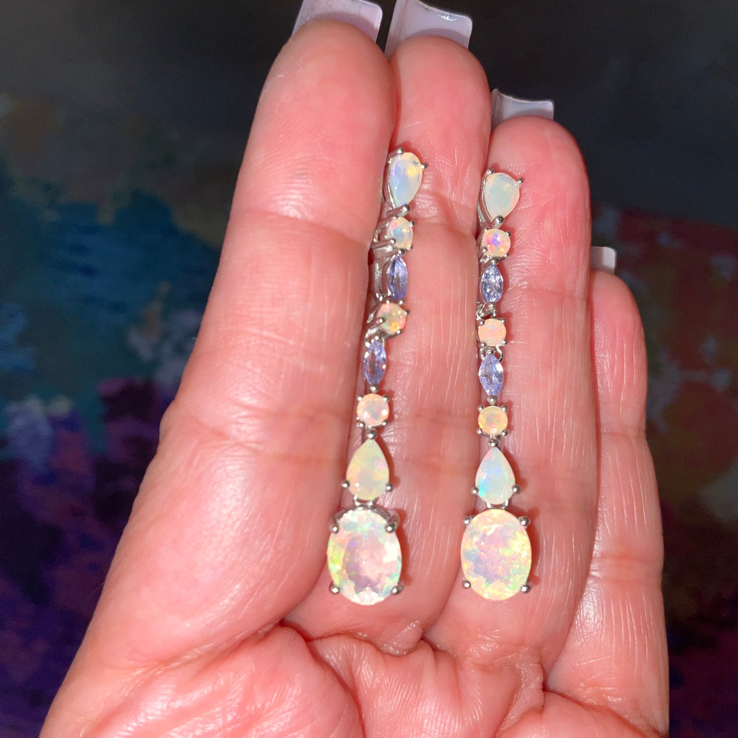Sterling Silver rainbow opal marquis cut tanzanite dangle earrings