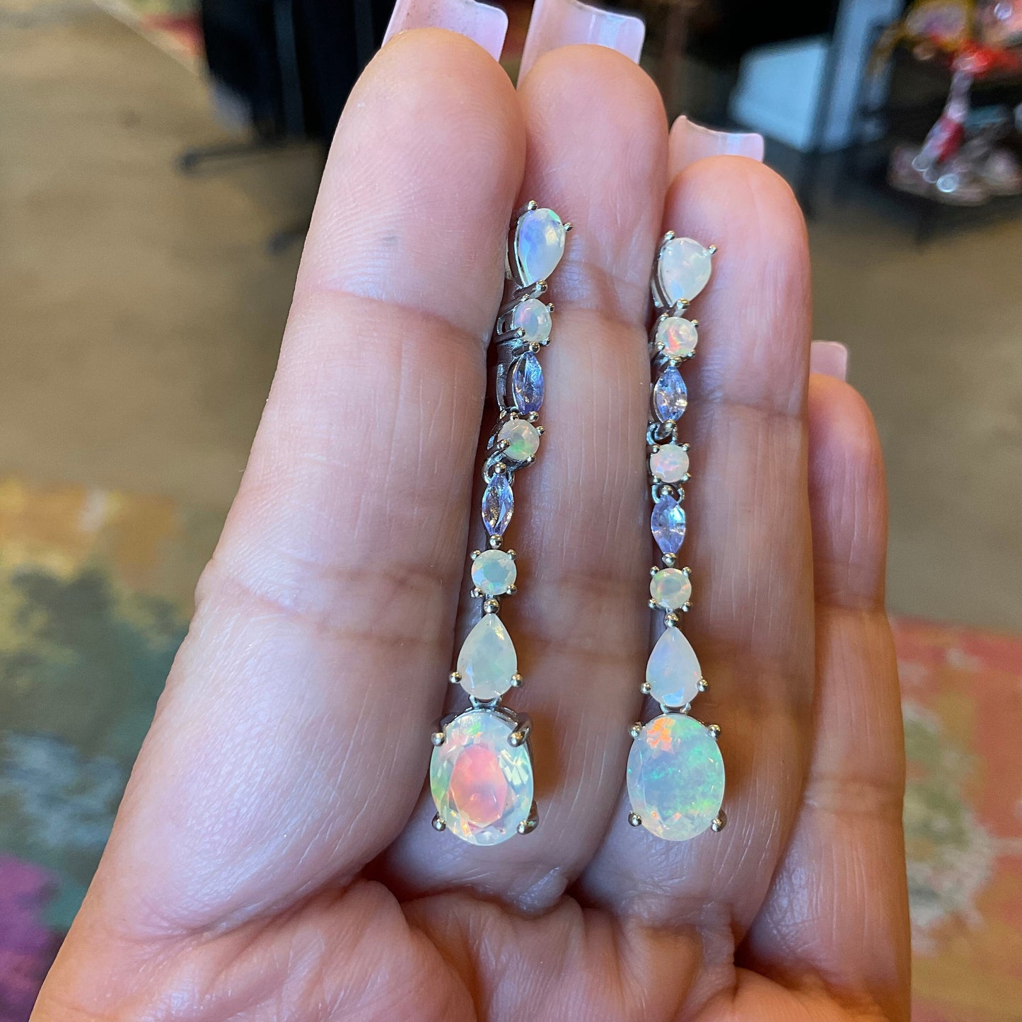 Sterling Silver rainbow opal marquis cut tanzanite dangle earrings