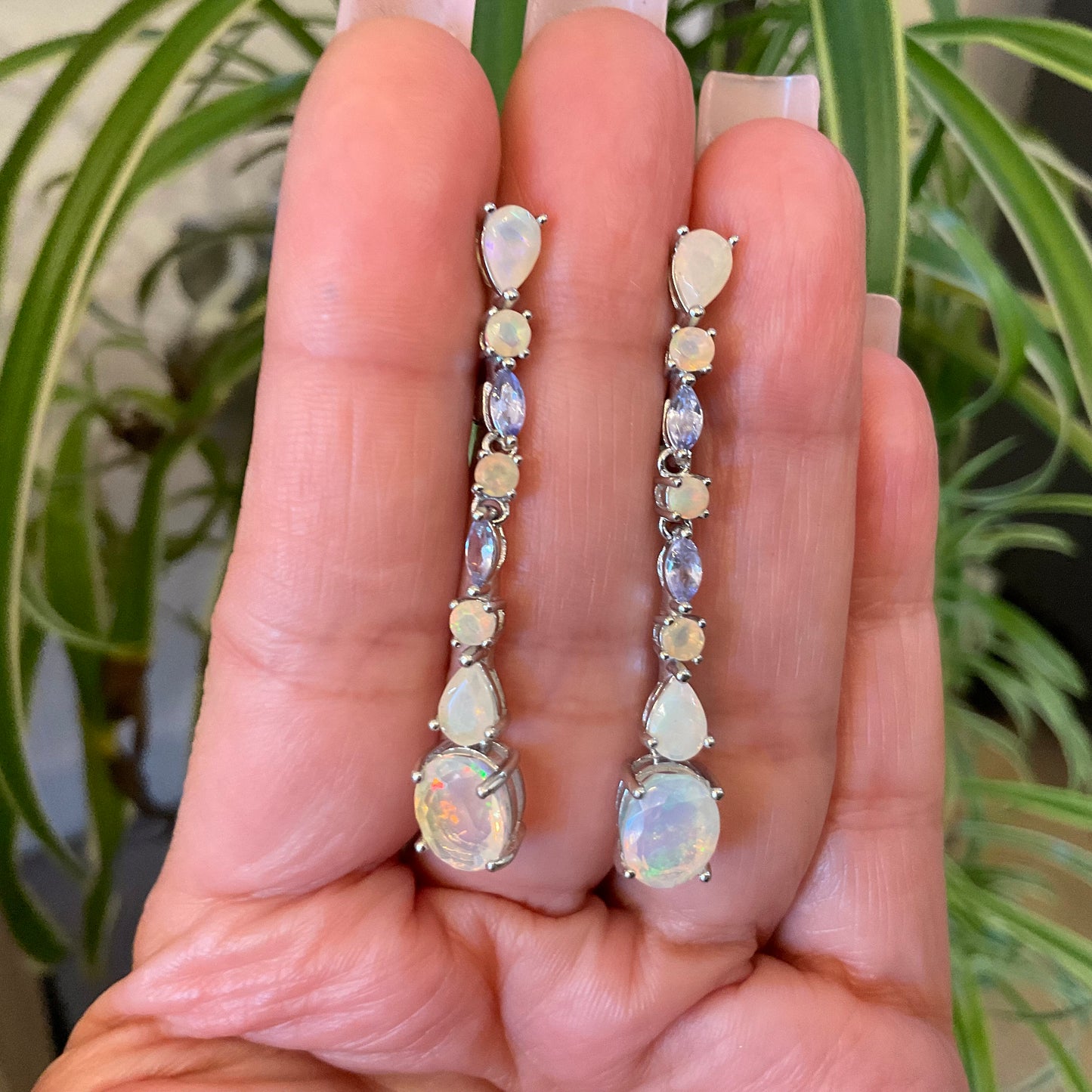 Sterling Silver rainbow opal marquis cut tanzanite dangle earrings