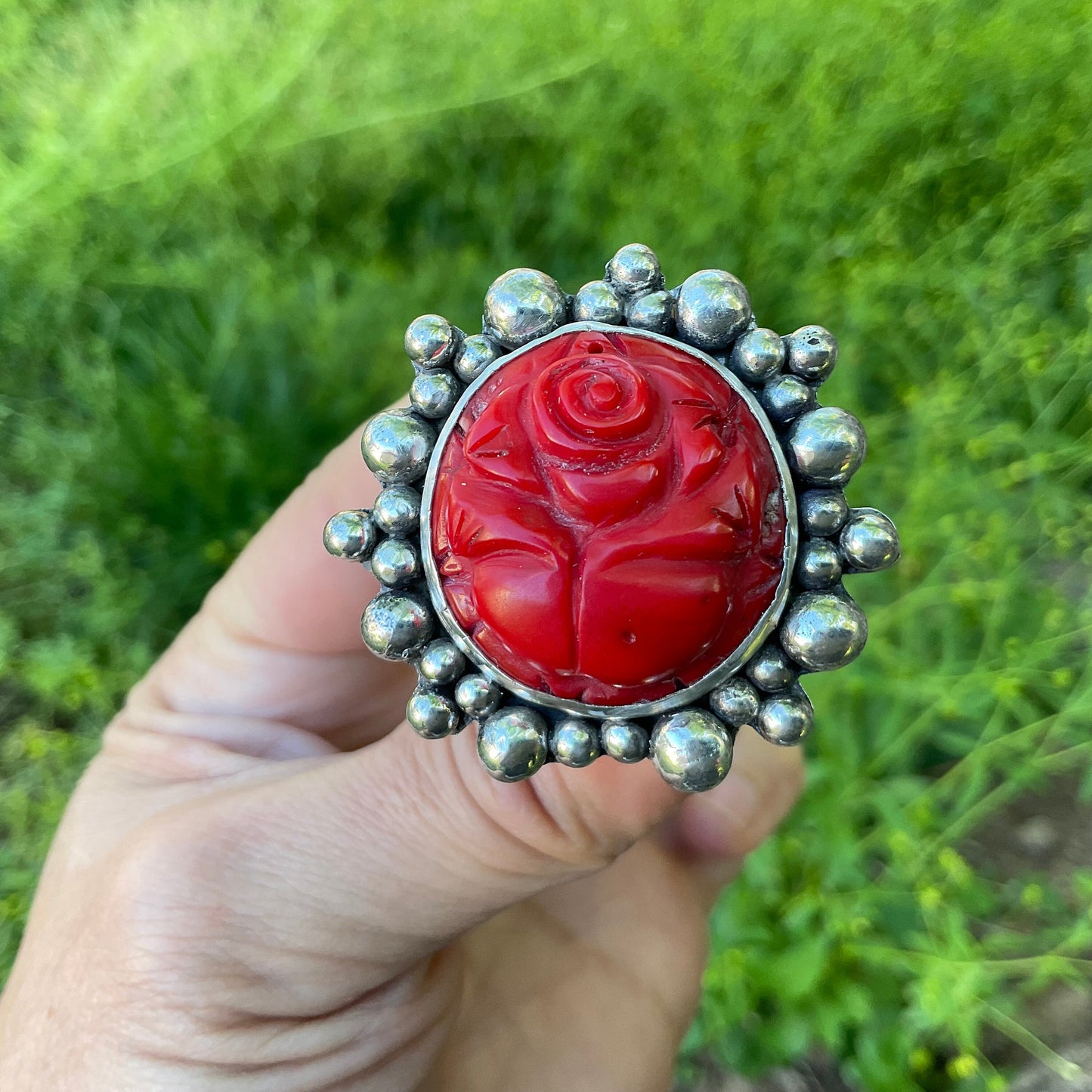 Sterling Statement natural coral Carved rose adjustable cuff ring