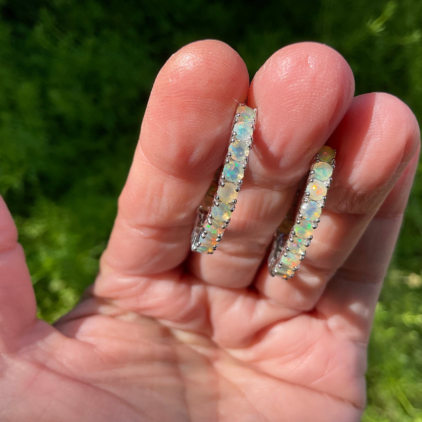Sterling Silver Natural rainbow opal Hoops earrings