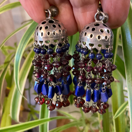 Sterling Silver lapis lazuli red garnet dangle stud earrings