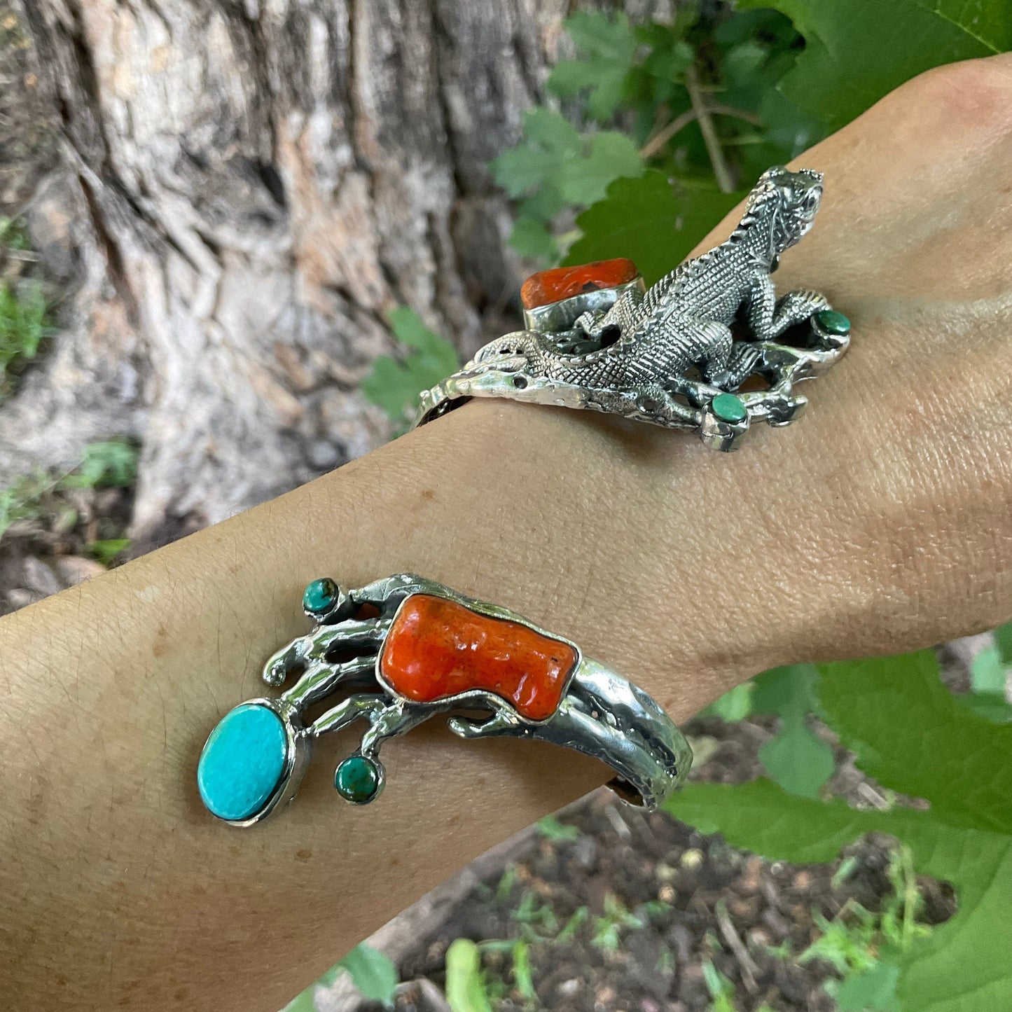 Turquoise Sterling Statement coral iguana twig cuff bracelet Colors Of Etnika