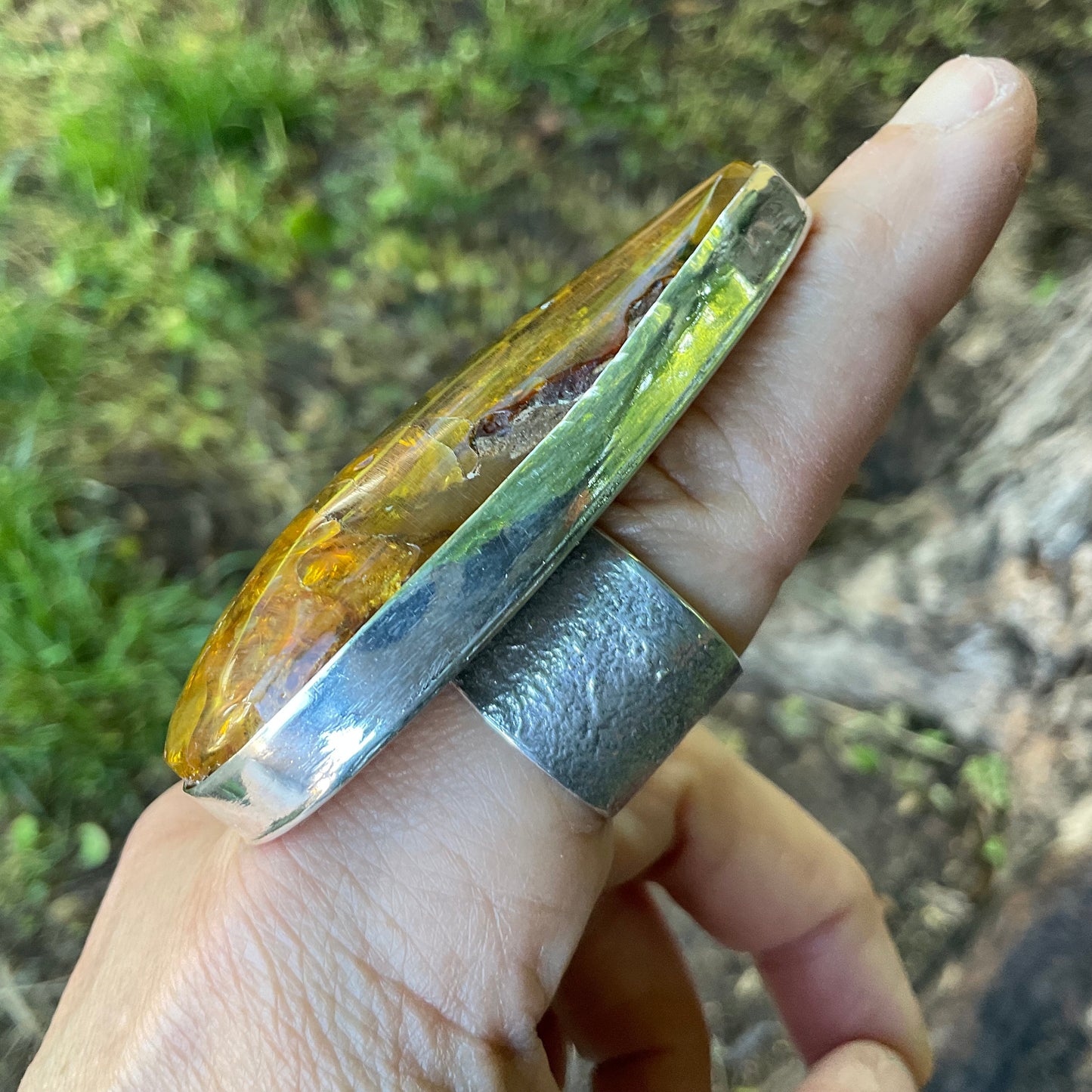sterling silver massive Baltic amber Statement ring adjustable