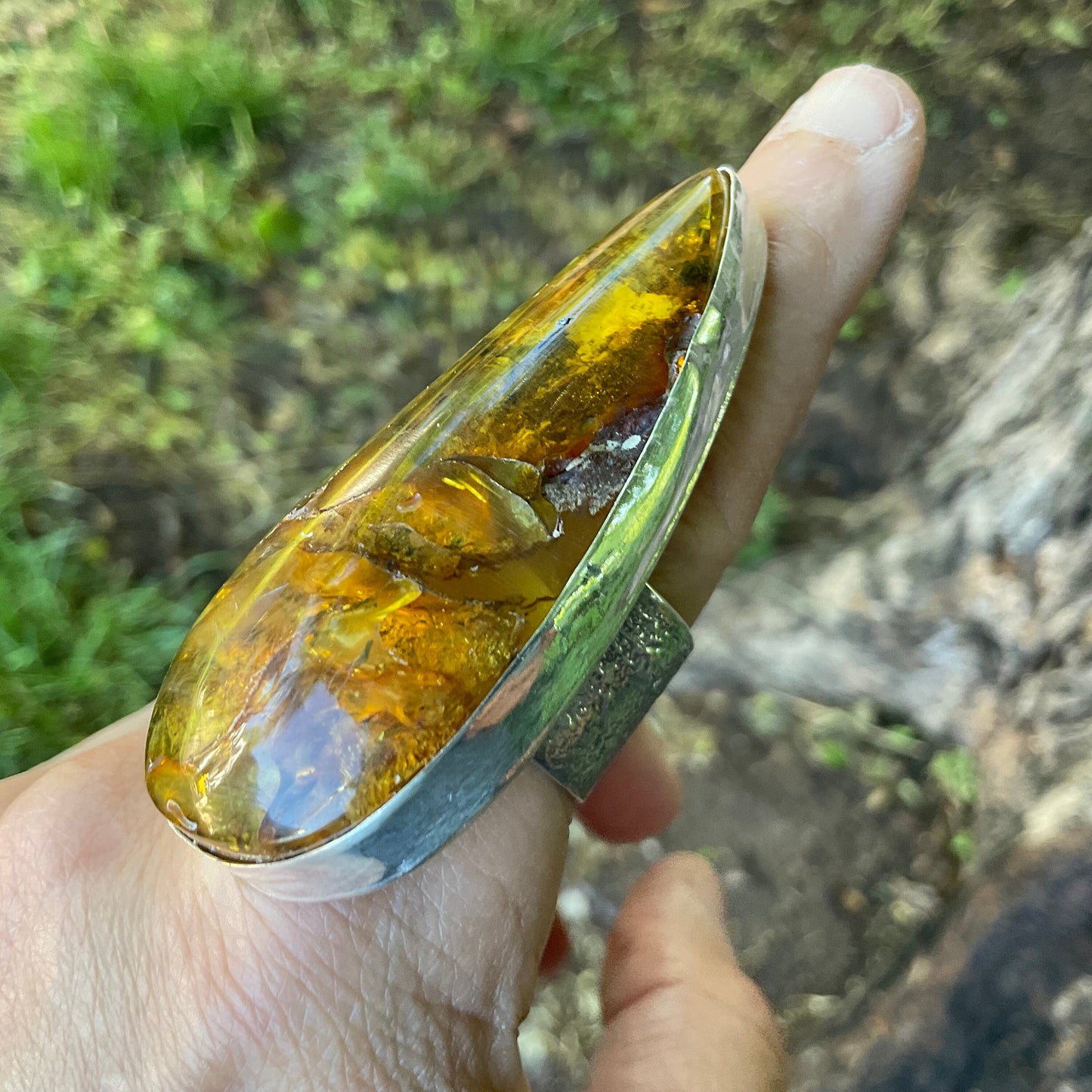 sterling silver massive Baltic amber Statement ring adjustable