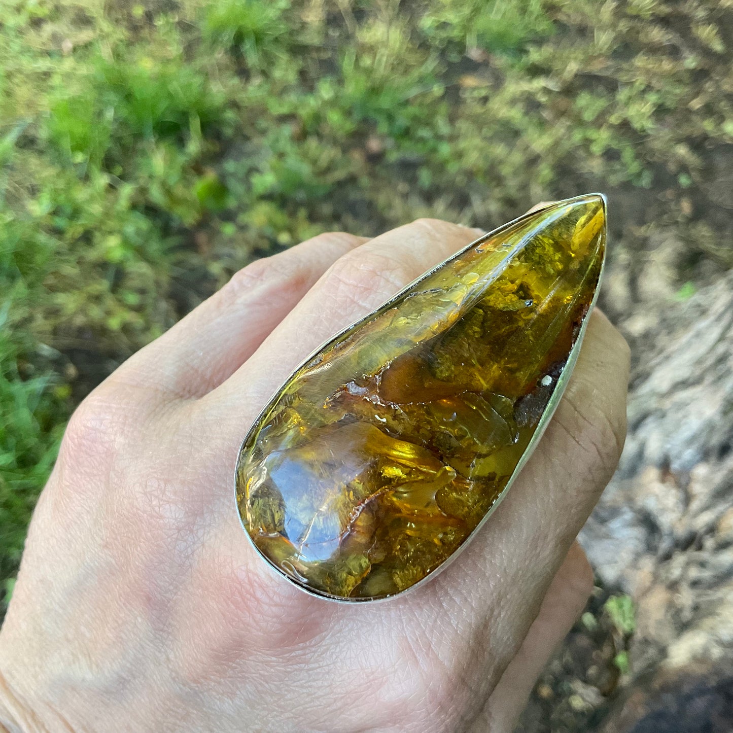 sterling silver massive Baltic amber Statement ring adjustable