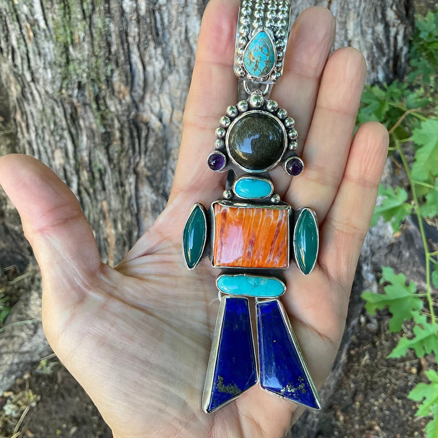 Sterling silver turquoise Child wearable art pendant with large adjustable bail Colors Of Etnika