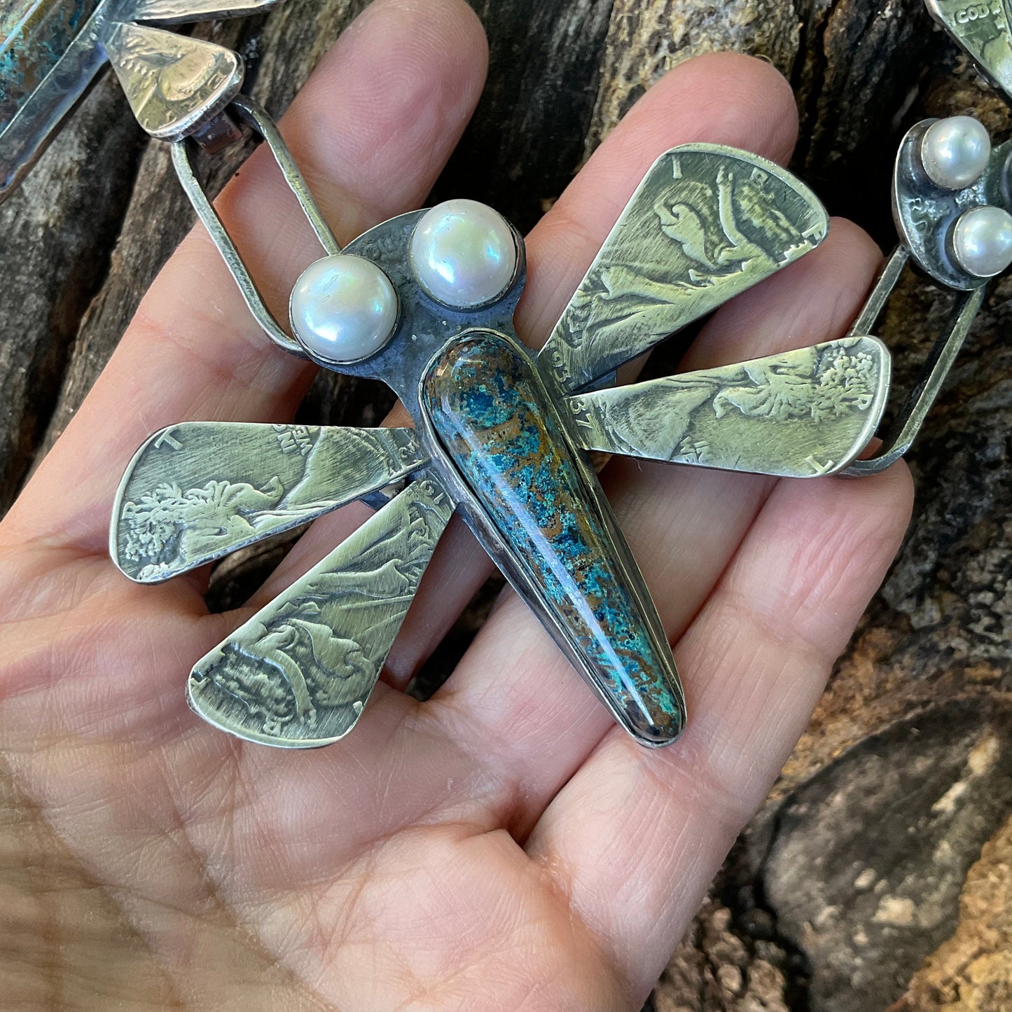 Sterling silver azurite pearl drangon fly coin necklace