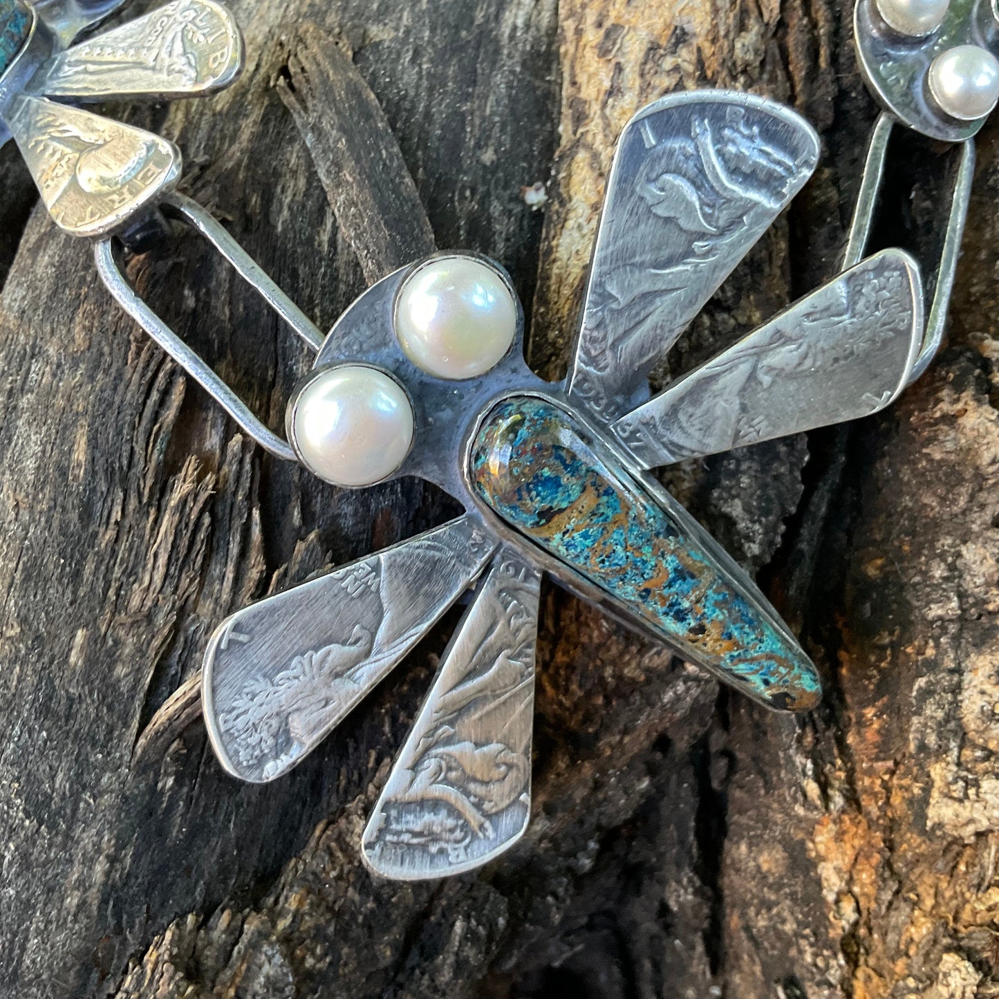Sterling silver azurite pearl drangon fly coin necklace