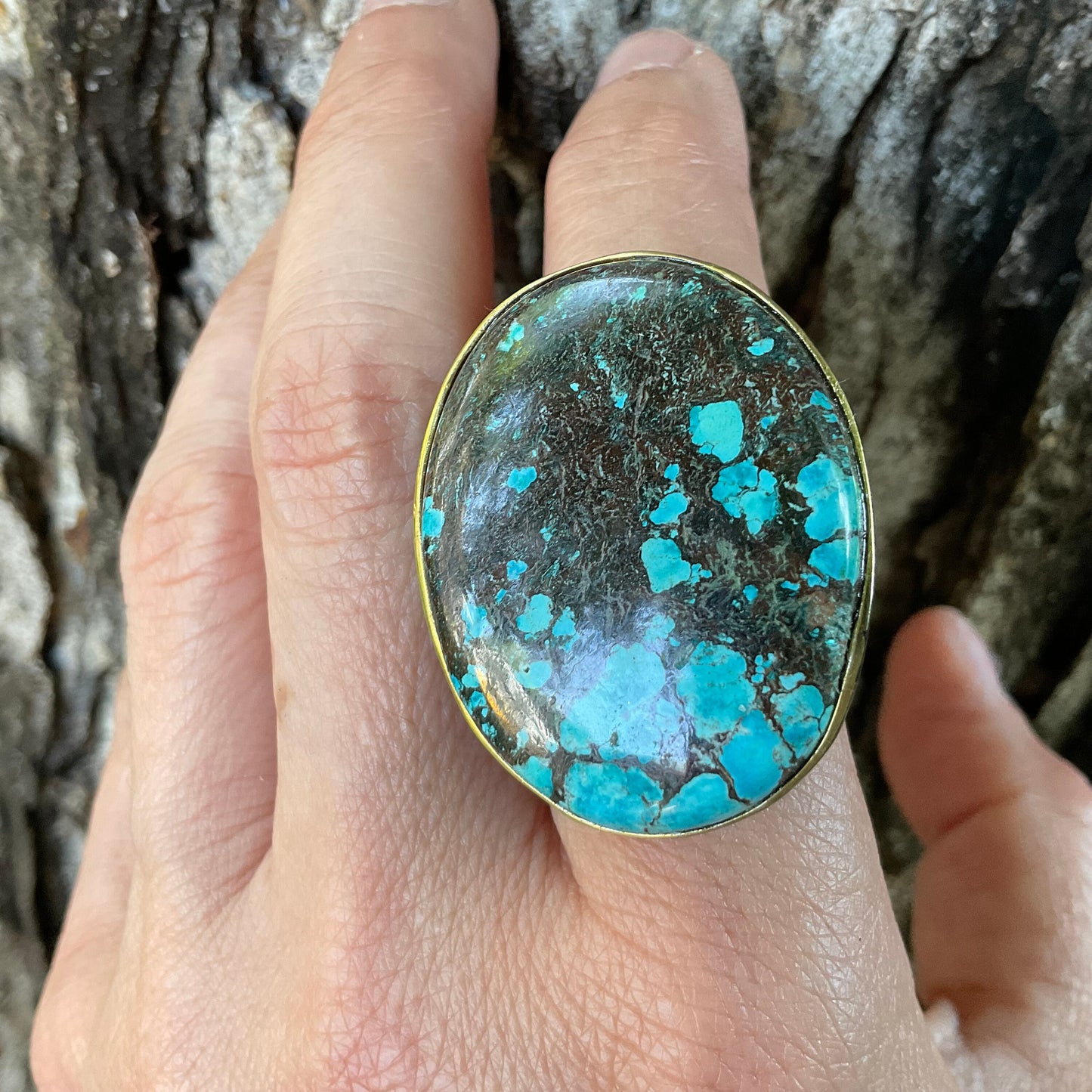 Sterling silver natural oval turquoise sapphire oversized statement ring 8