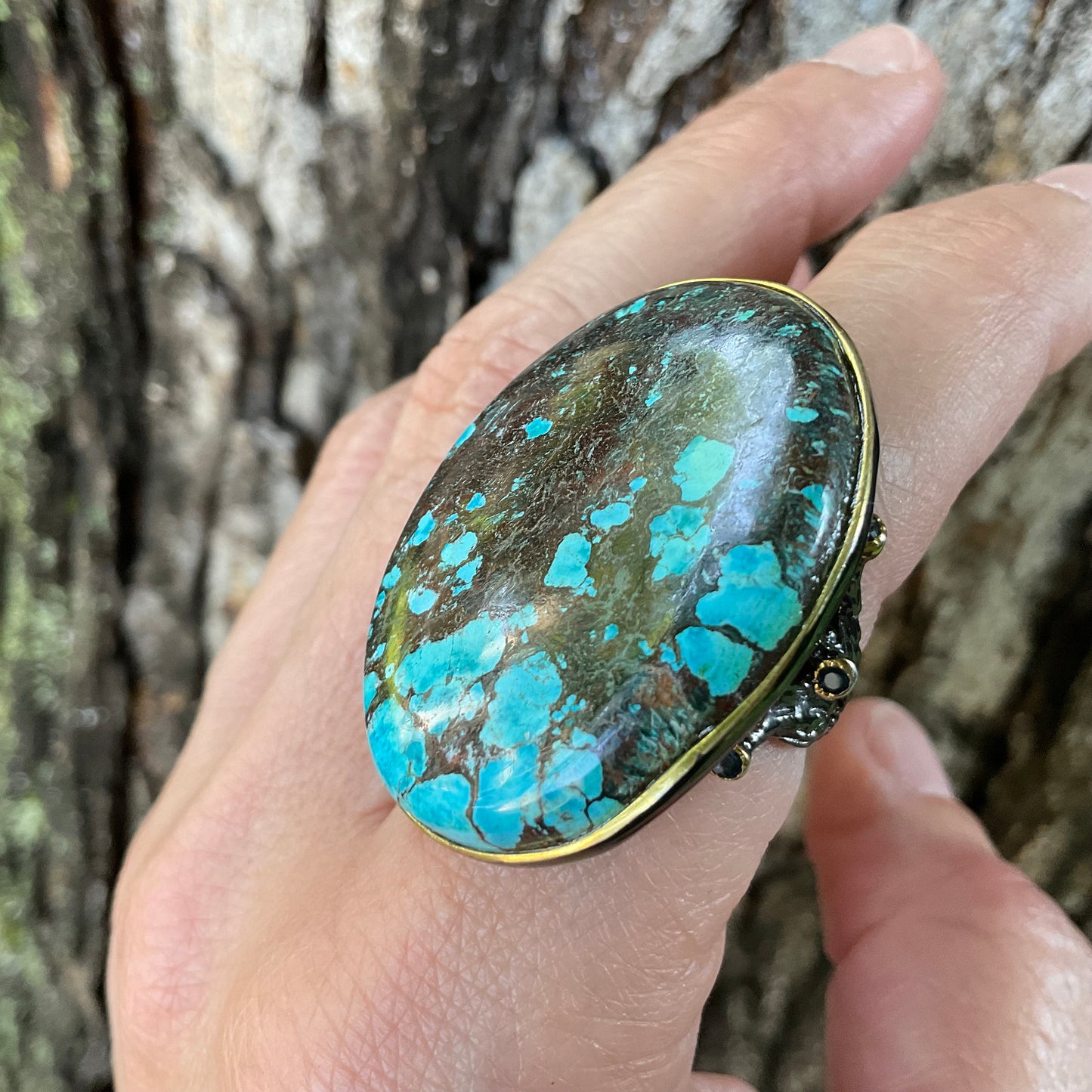 Sterling silver natural oval turquoise sapphire oversized statement ring 8