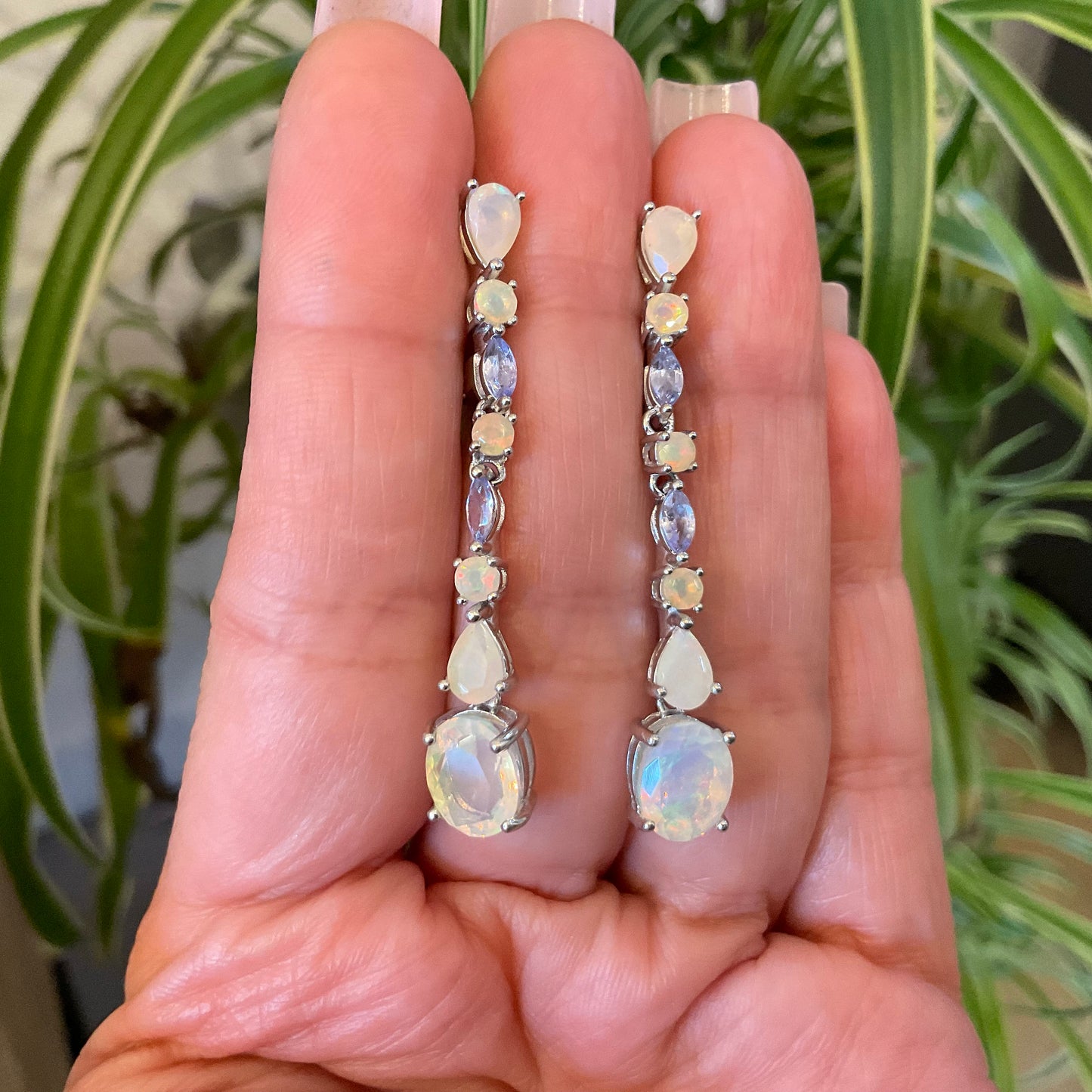 Sterling Silver rainbow opal marquis cut tanzanite dangle earrings