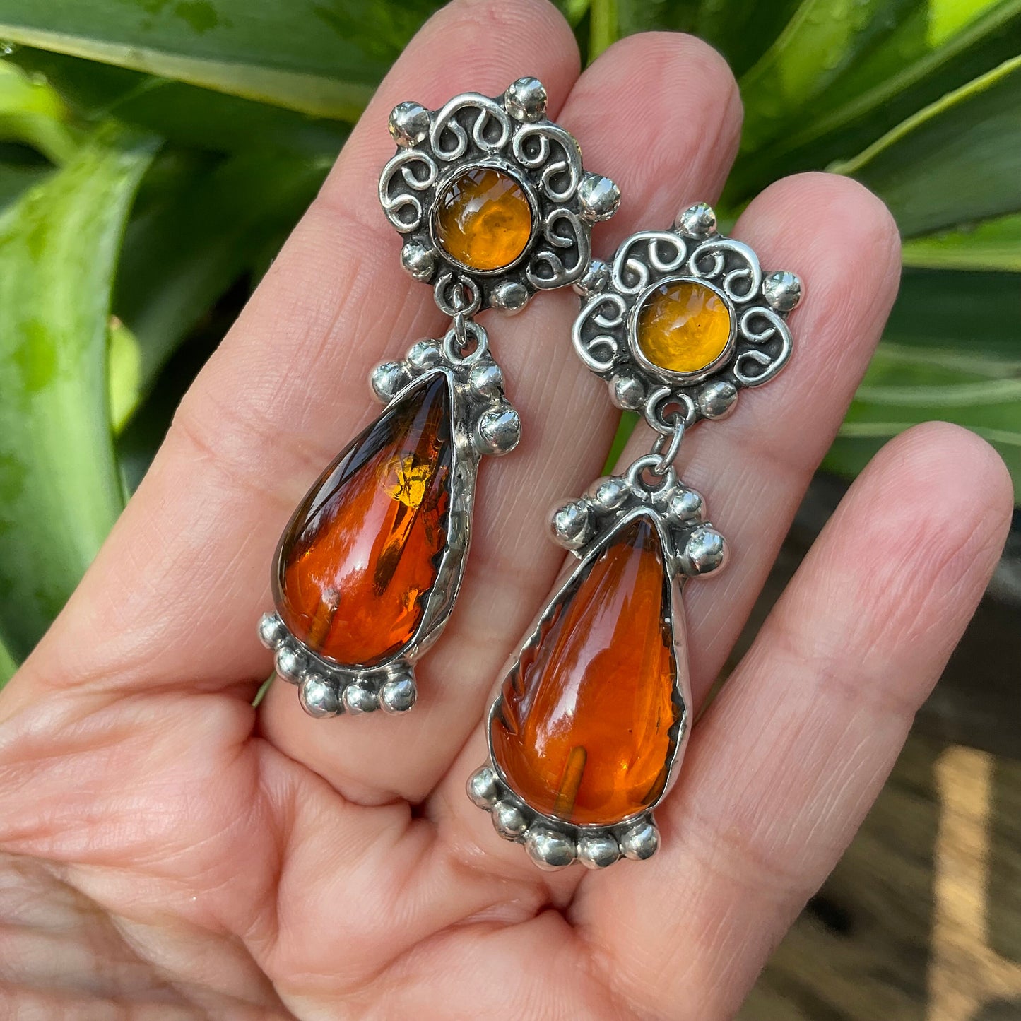 Sterling Silver vintage Amber statement dangle earrings