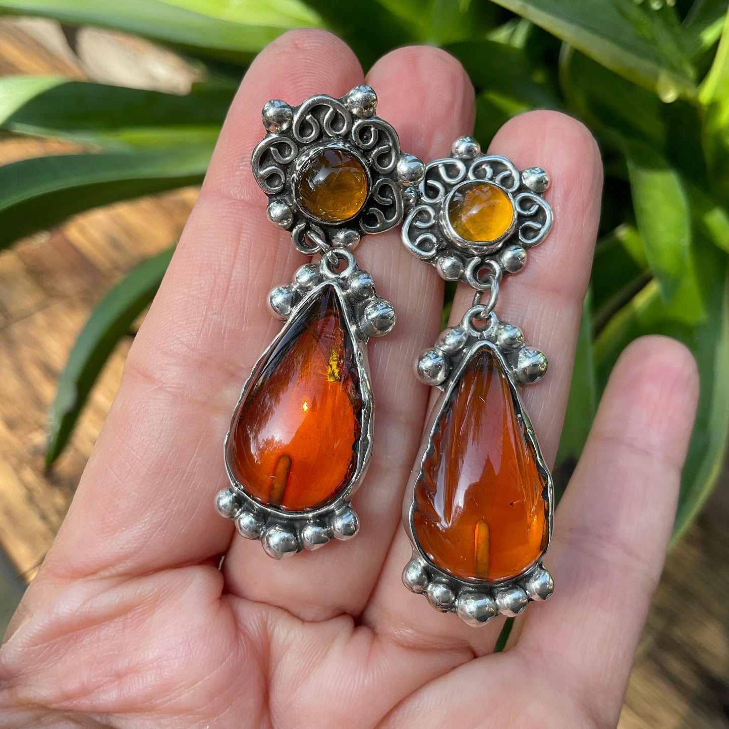 Sterling Silver vintage Amber statement dangle earrings