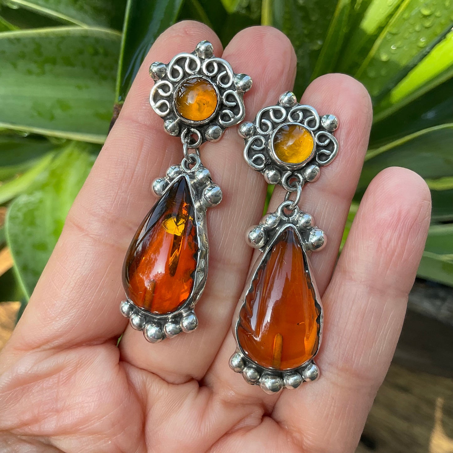 Sterling Silver vintage Amber statement dangle earrings