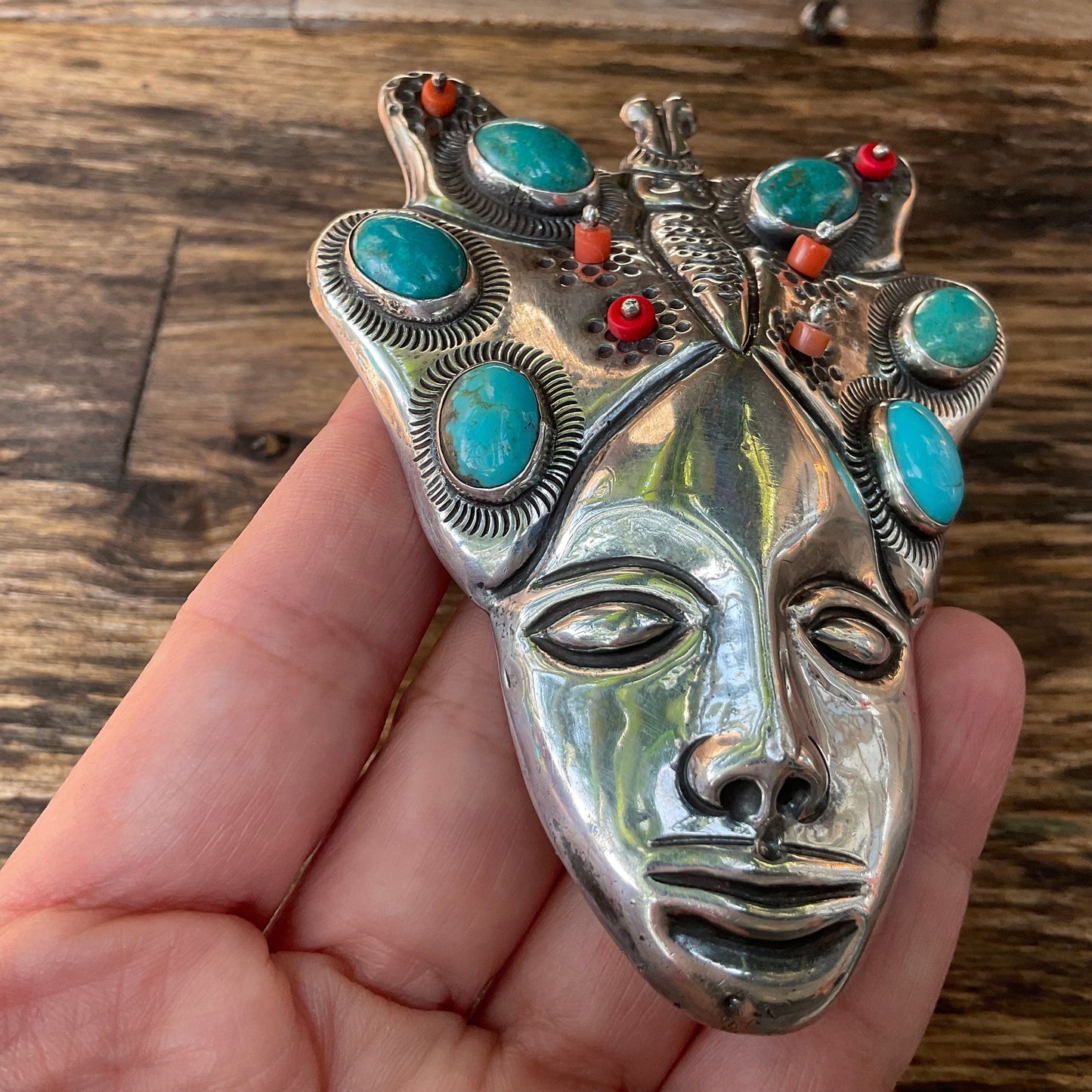 Sterling silver repousse coral turquoise collectible butterfly woman brooch Colors Of Etnika