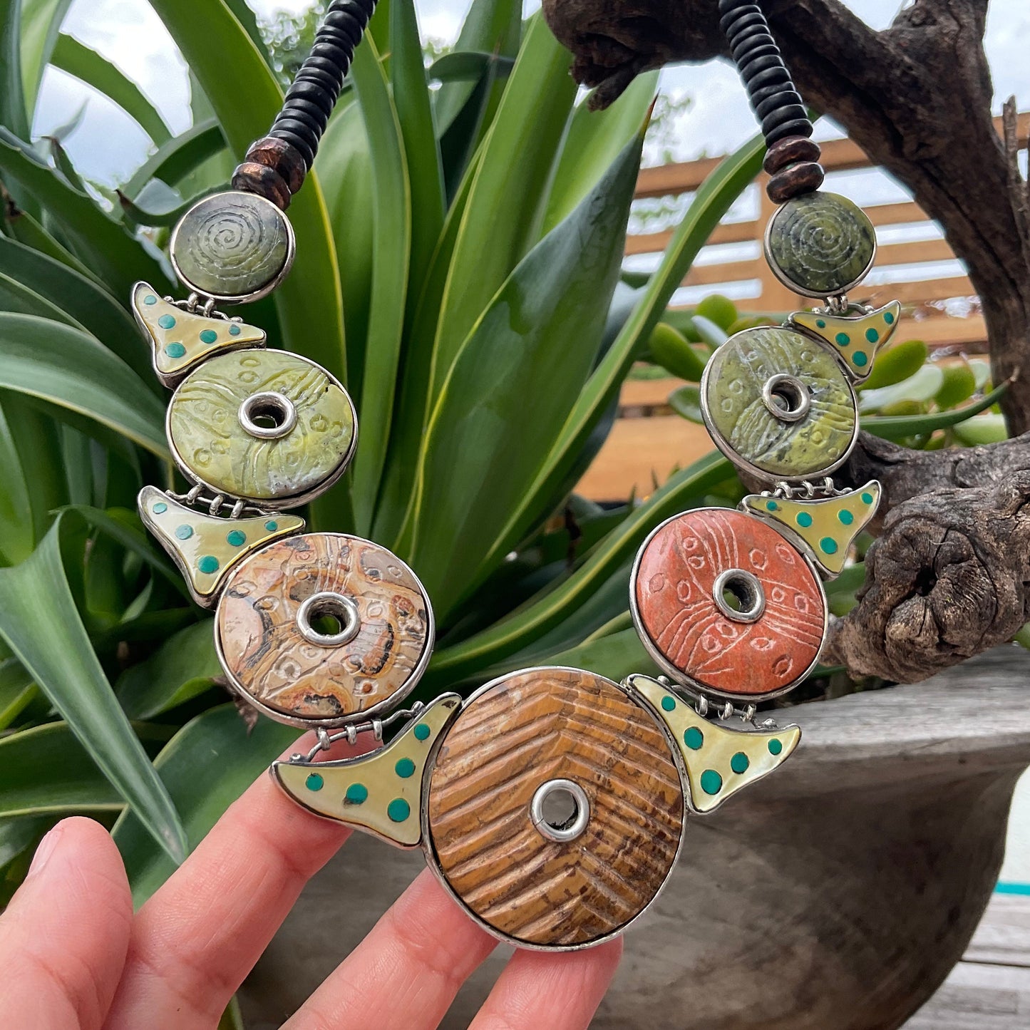 Jade wood sterling jasper Statement Artisan Studio Ethnic Necklace