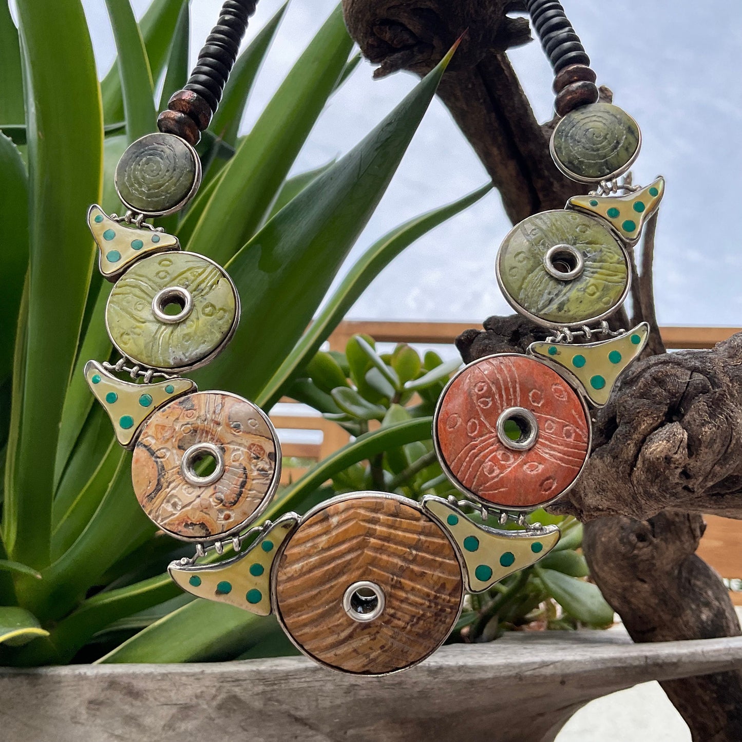 Jade wood sterling jasper Statement Artisan Studio Ethnic Necklace