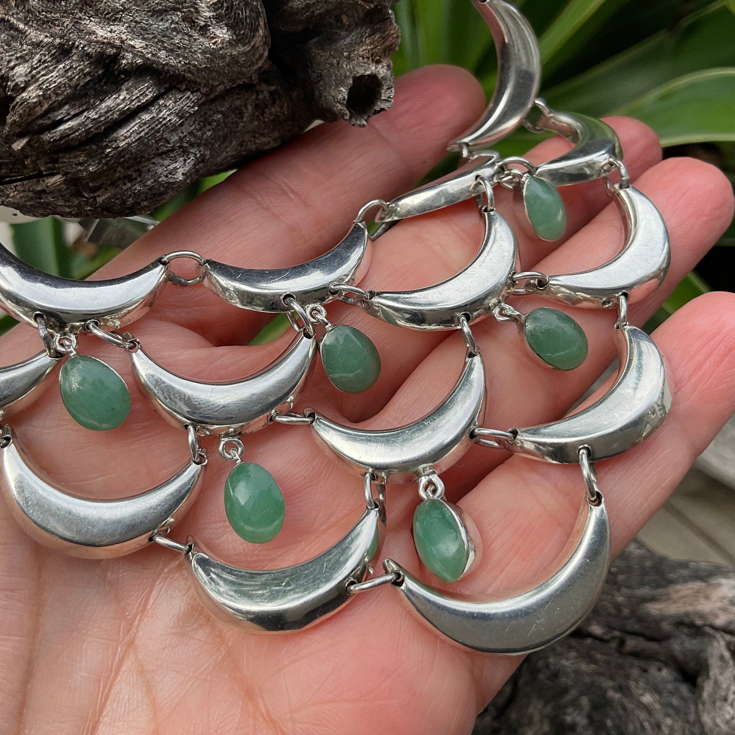 Sterling Silver Vintage Chandelier crescent moon jade Necklace Taxco