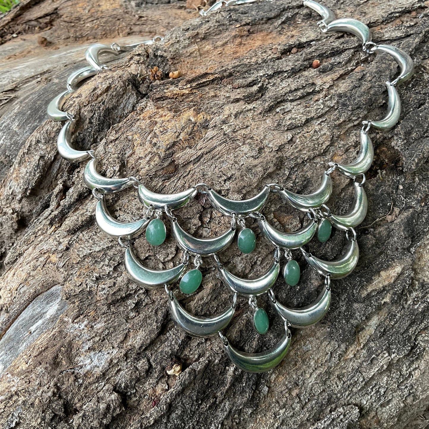 Sterling Silver Vintage Chandelier crescent moon jade Necklace Taxco