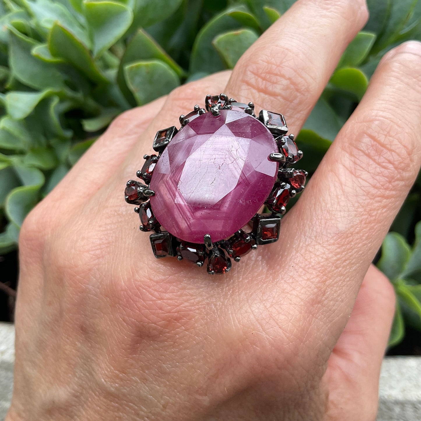 Sterling silver natural ruby red garnet statement ring 8.5
