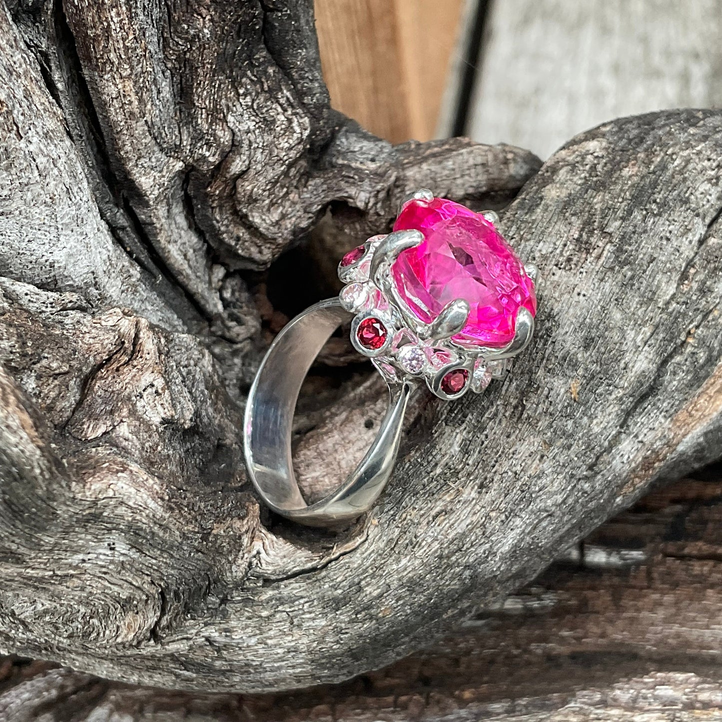 Sterling Silver pink topaz round Rhodolite ring 7