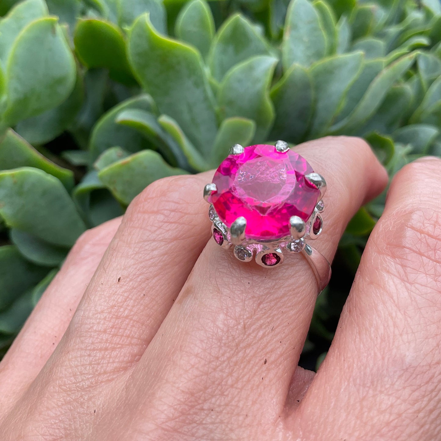 Sterling Silver pink topaz round Rhodolite ring 7
