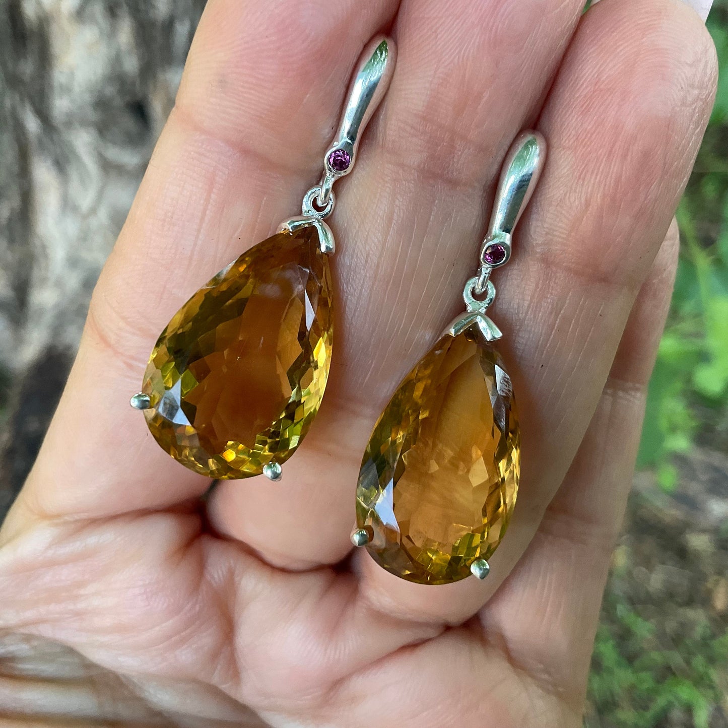 Sterling silver large pear shape citrine Rhodolite dangle post earrings