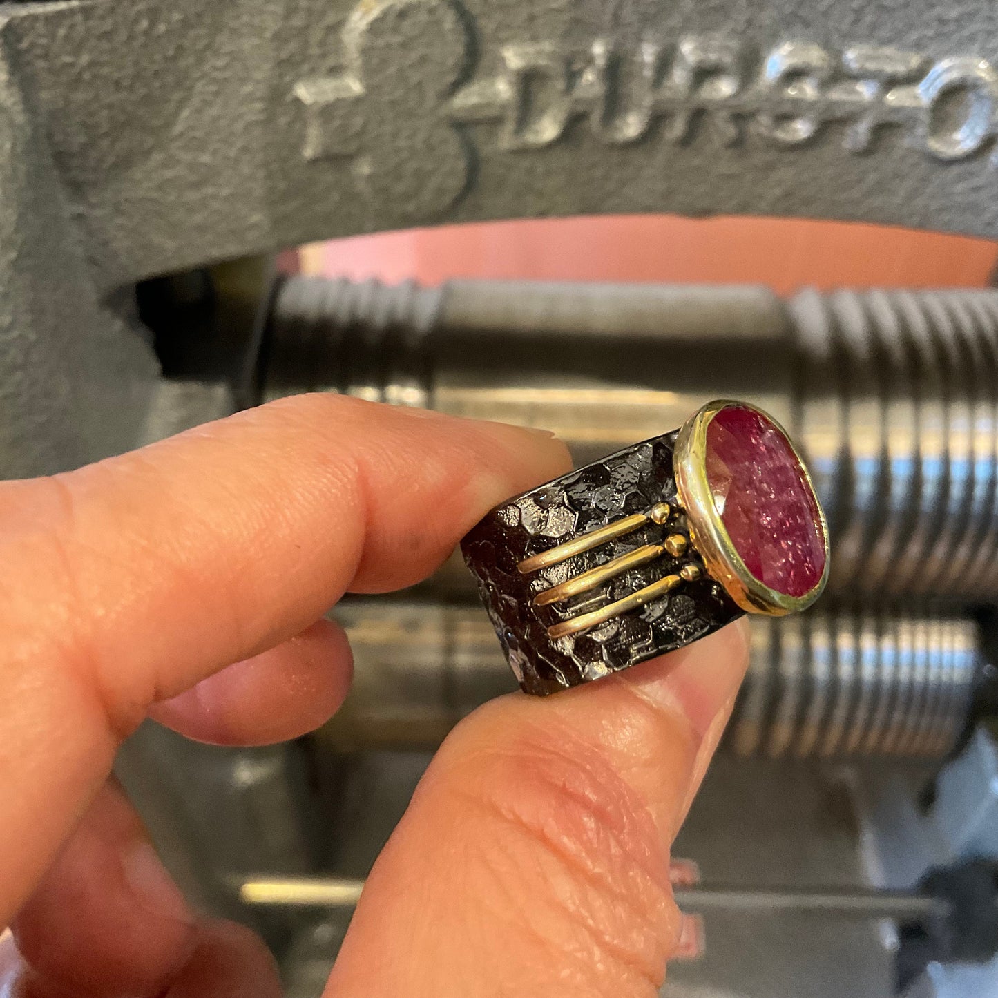 Sterling silver natural ruby wide band ring 9