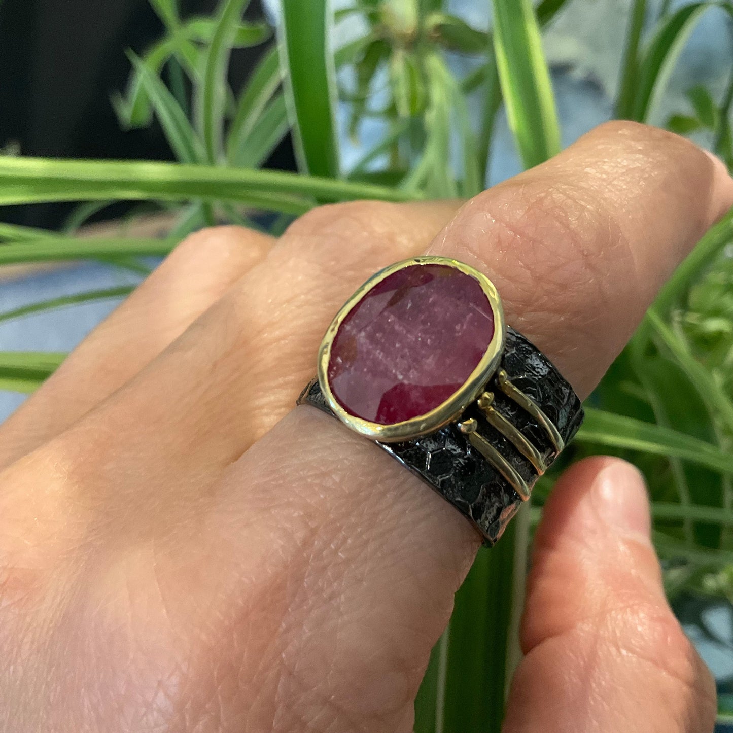 Sterling silver natural ruby wide band ring 9