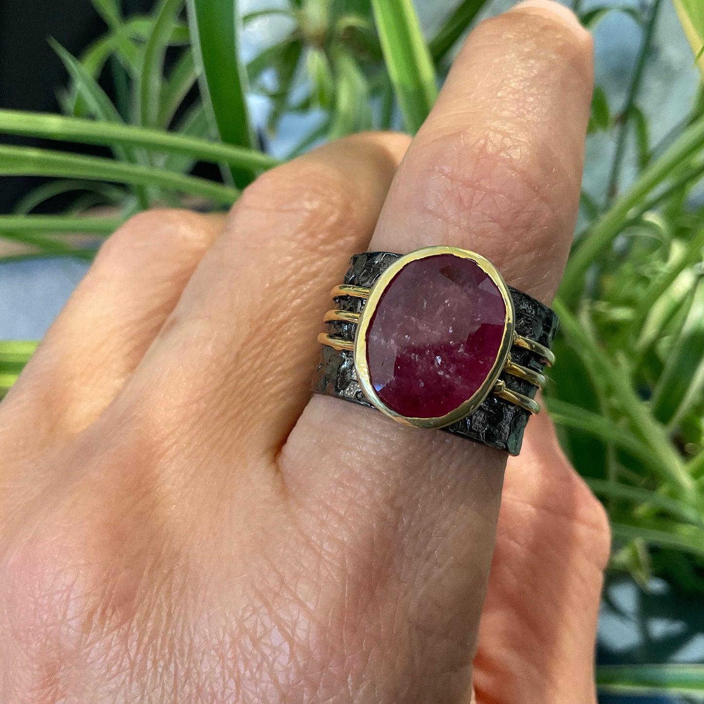 Sterling silver natural ruby wide band ring 9