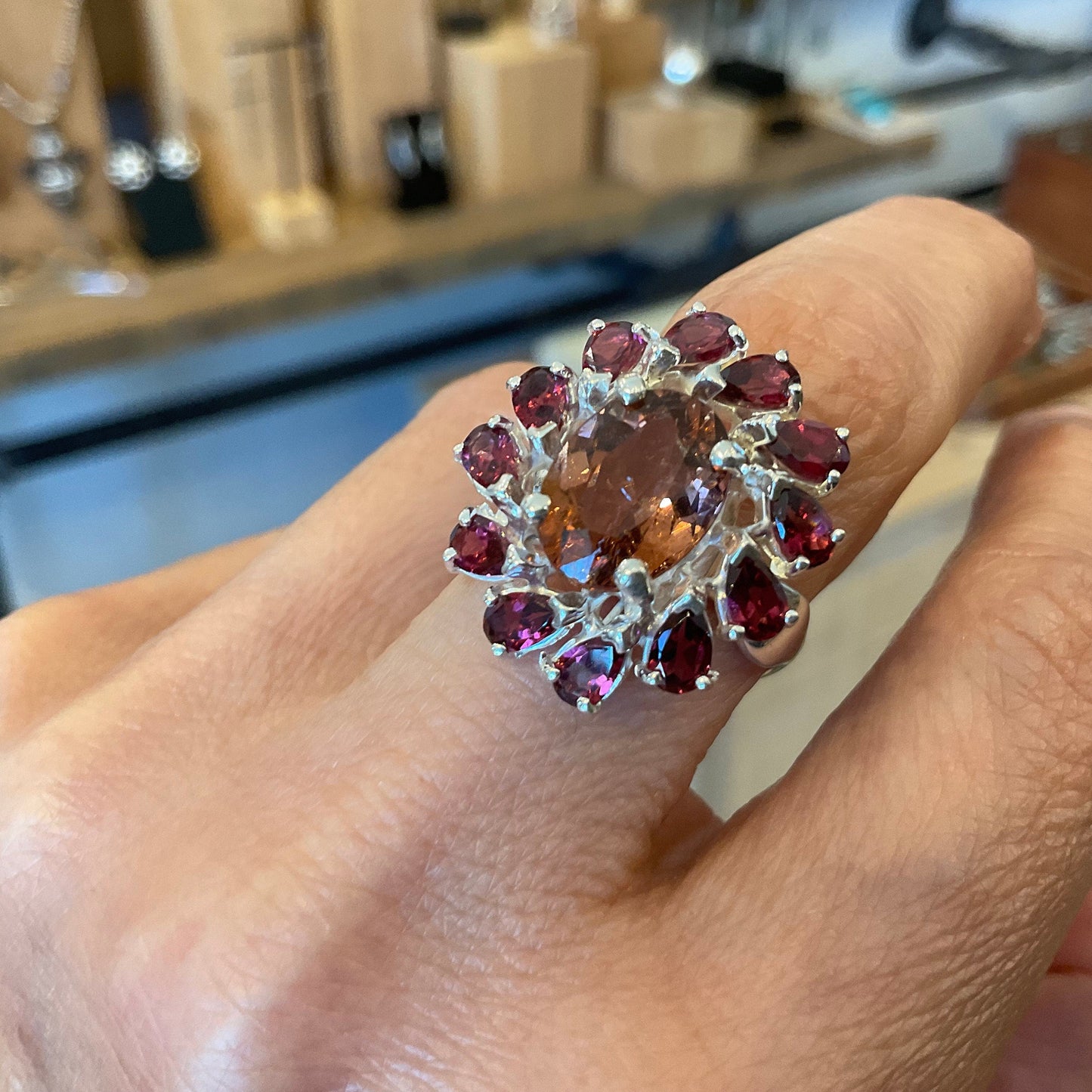 sterling Silver pink tourmaline Rhodolite Ring 7.5 Colors Of Etnika