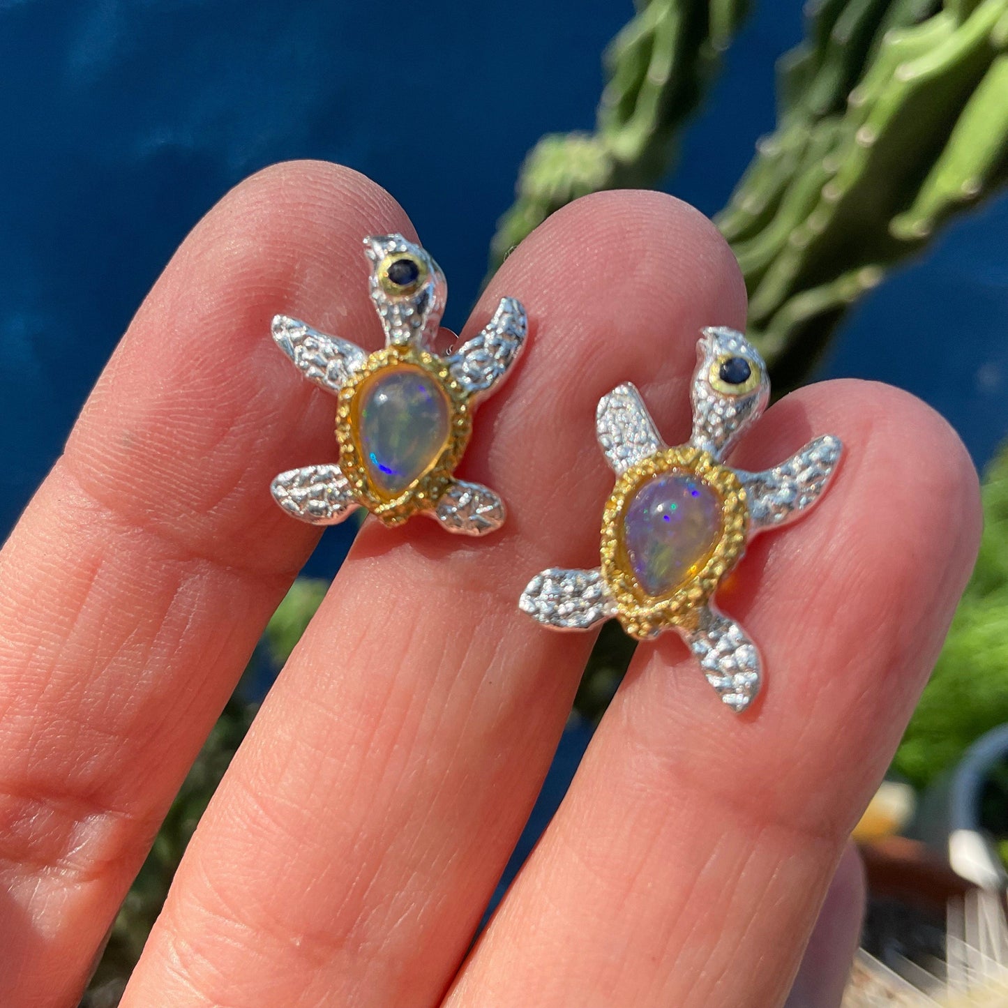 Sterling silver Natural rainbow opal stud Earrings Turtle Colors Of Etnika