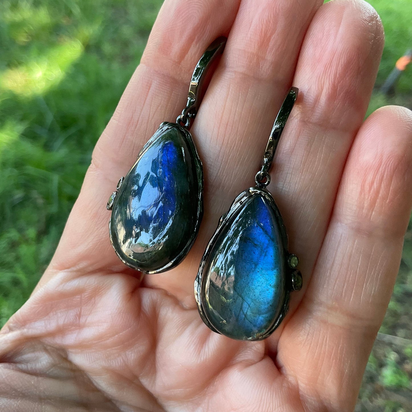 Sterling Silver labradorite dangle pear shape chrome diopside earrings