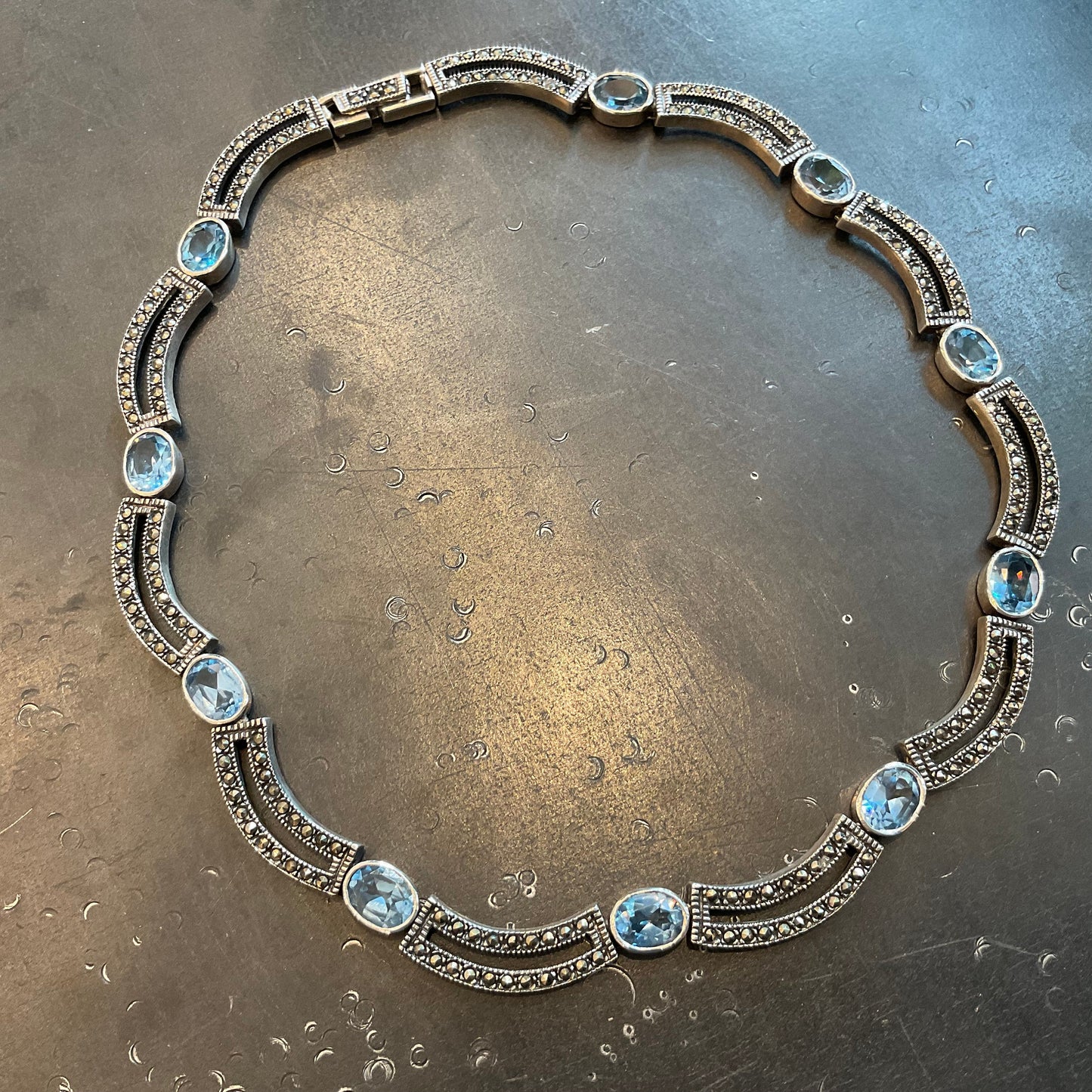Sterling silver blue topaz vintage marcasite collar necklace