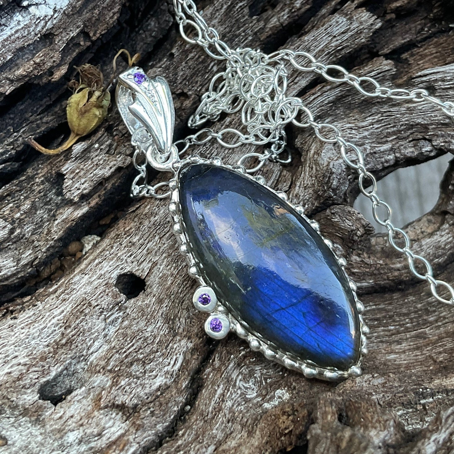 Sterling Silver Labradorite marquis Pendant Necklace Colors Of Etnika
