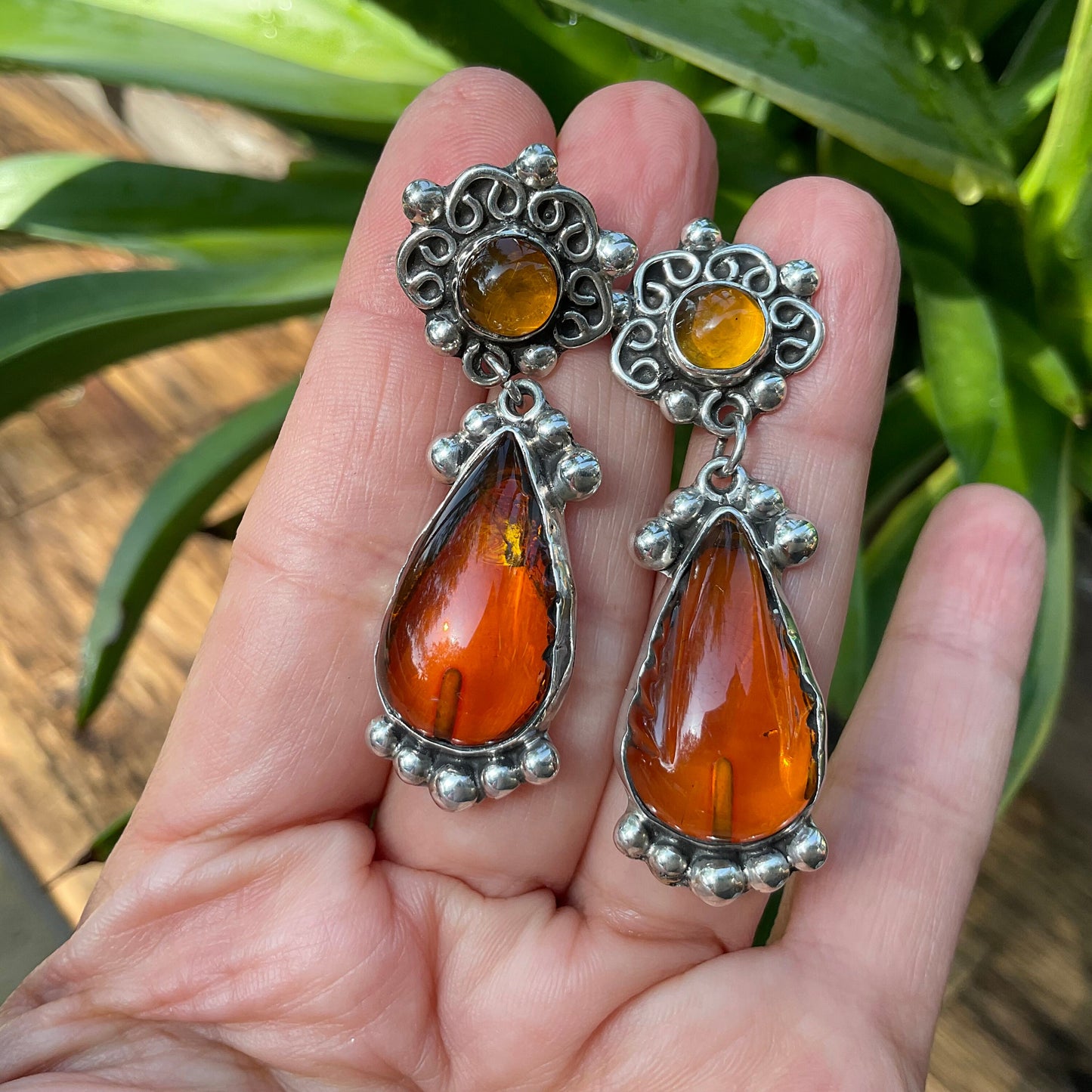 Sterling Silver vintage Amber statement dangle earrings