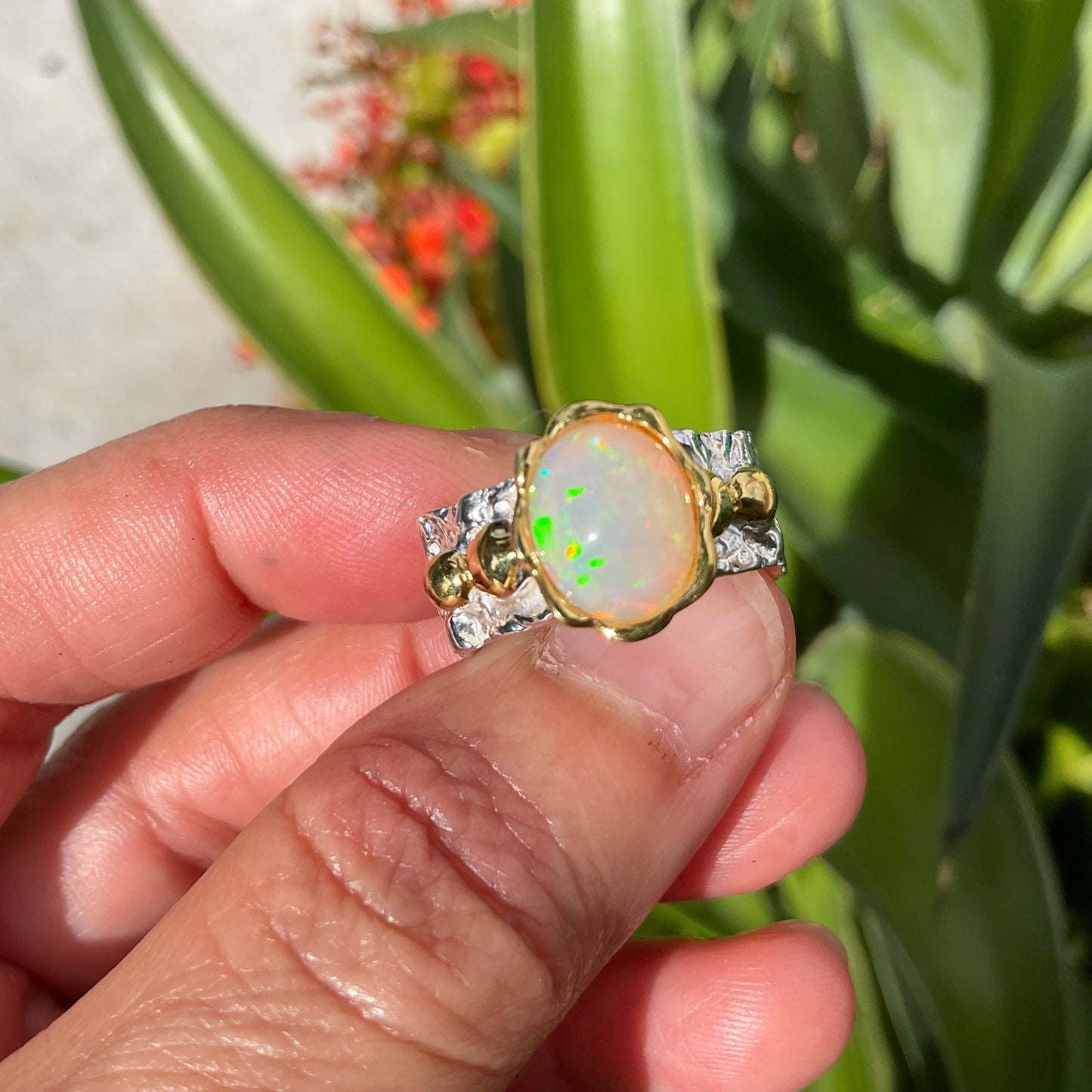 sterling silver rainbow natural heirloom opal band Etnika ring 7.5
