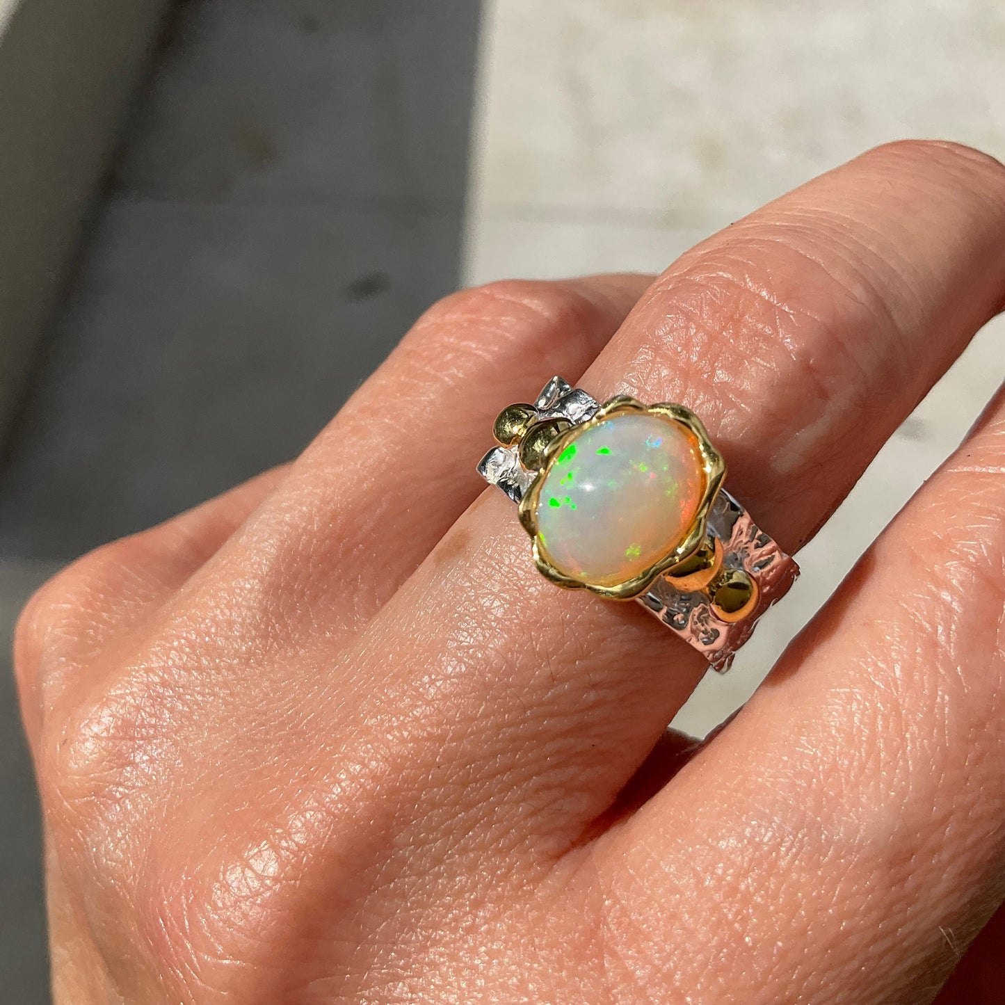 sterling silver rainbow natural heirloom opal band Etnika ring 7.5