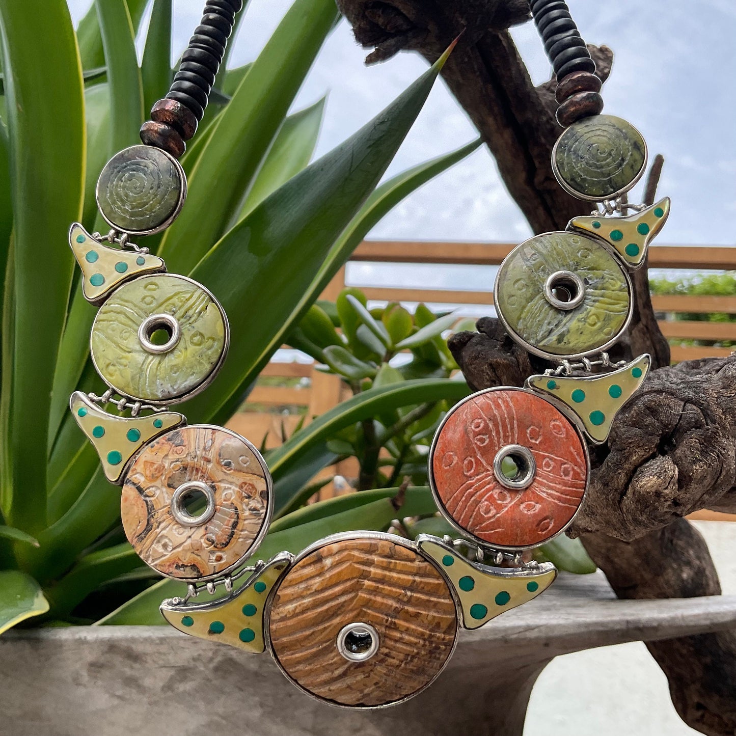 Jade wood sterling jasper Statement Artisan Studio Ethnic Necklace