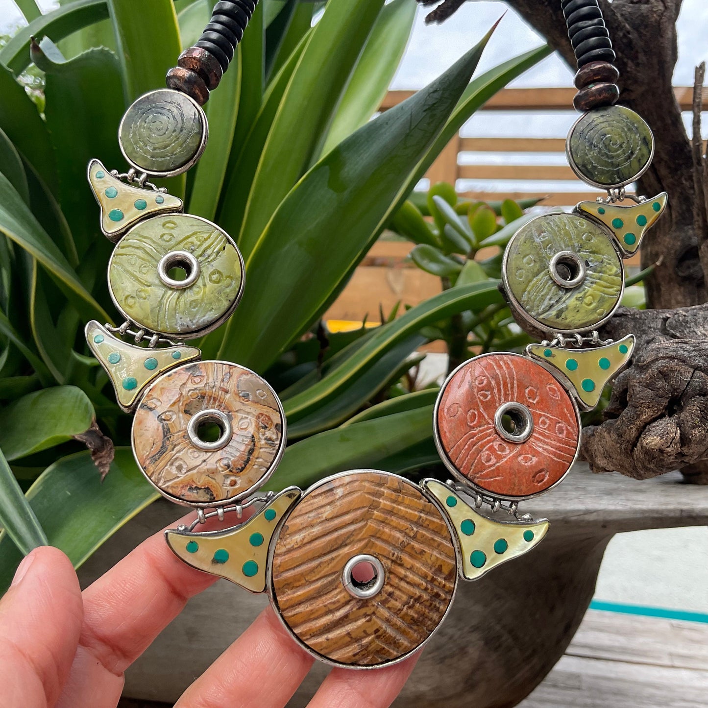 Jade wood sterling jasper Statement Artisan Studio Ethnic Necklace