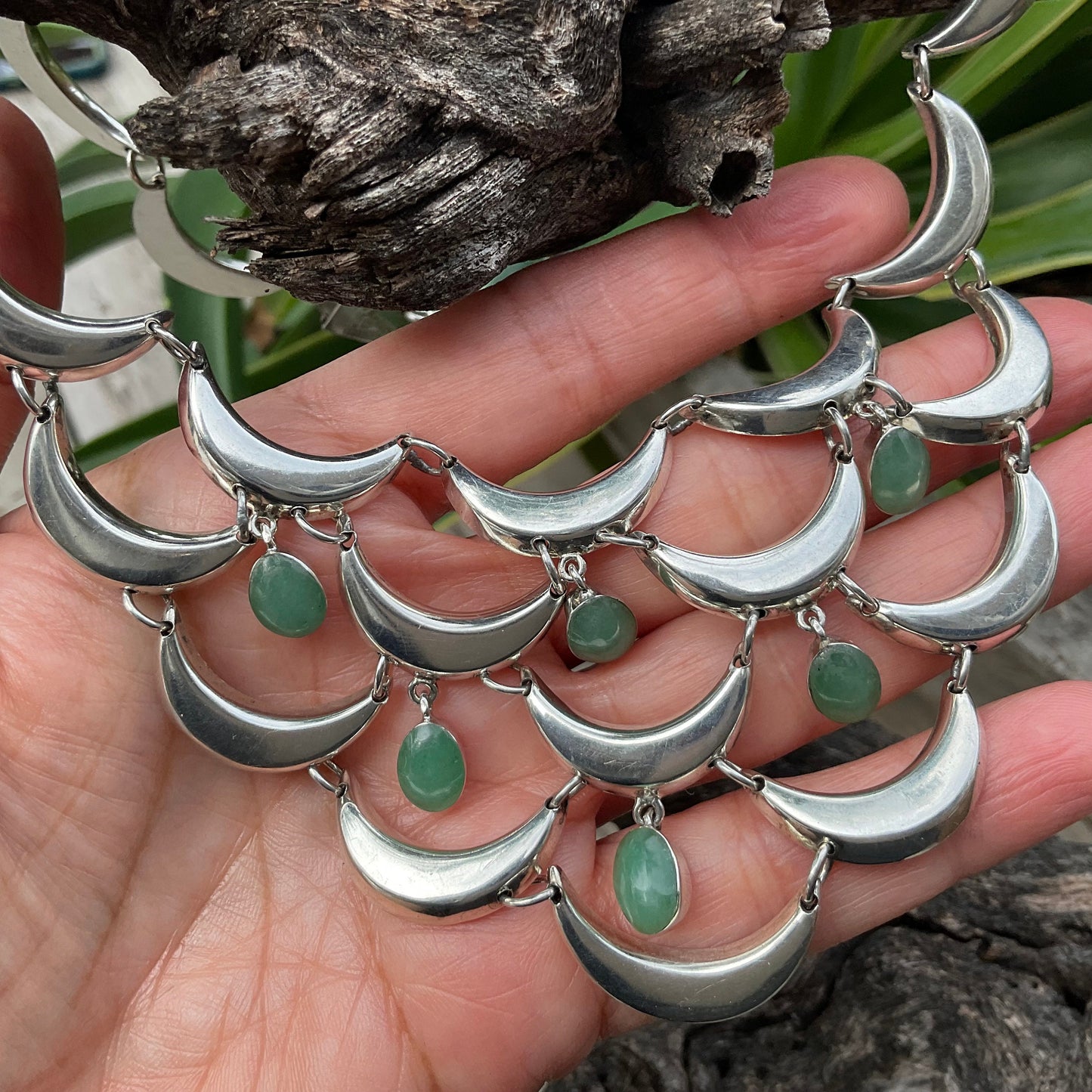Sterling Silver Vintage Chandelier crescent moon jade Necklace Taxco
