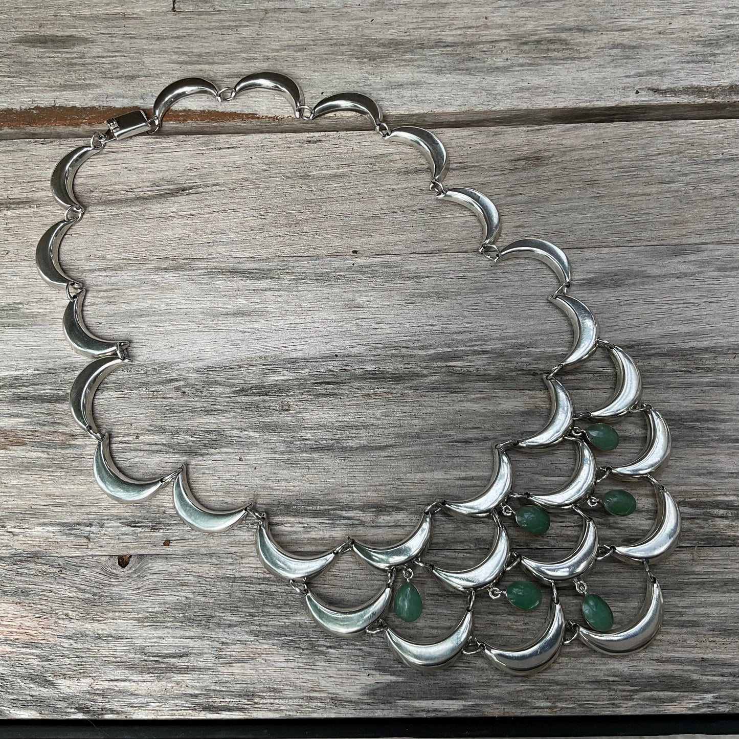 Sterling Silver Vintage Chandelier crescent moon jade Necklace Taxco