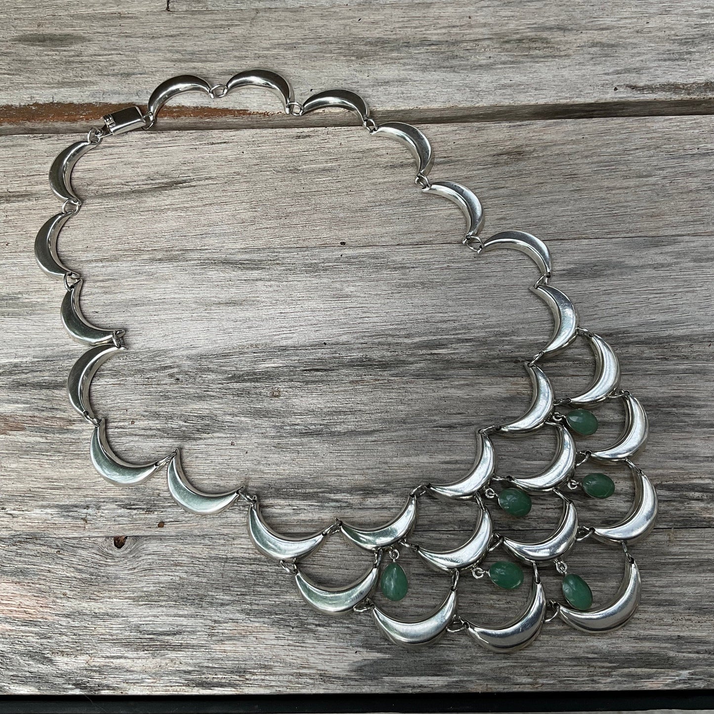 Sterling Silver Vintage Chandelier crescent moon jade Necklace Taxco Colors Of Etnika
