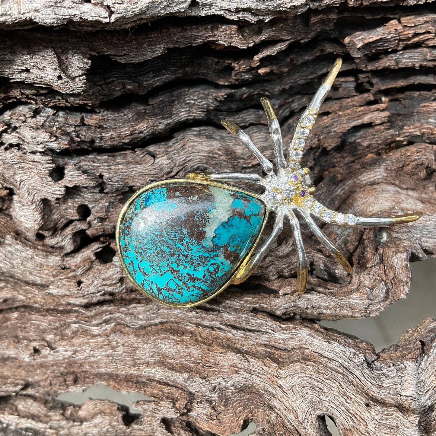 Handmade Sterling Silver modernist spider Brooch Pin turquoise Colors Of Etnika