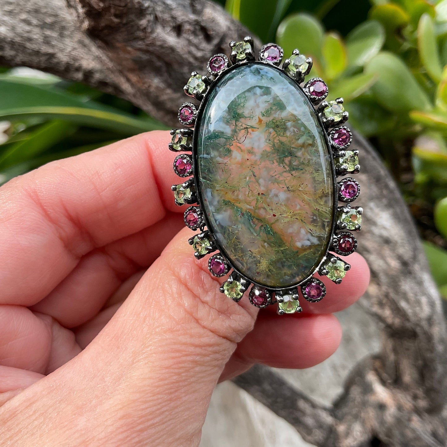 Sterling silver moss agate oversize round ring 7.5 Colors Of Etnika