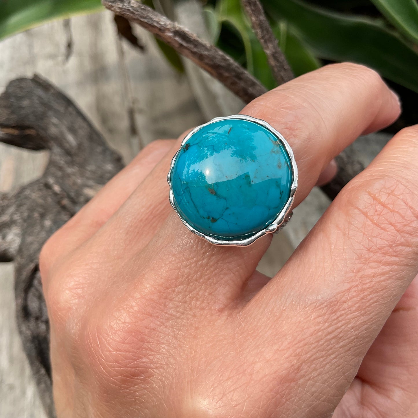 Sterling Silver Genuine Turquoise round ring 7.5