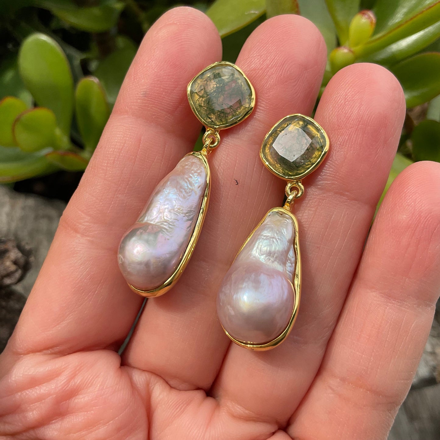 Sterling Silver natural blush baroque pearl moss gold dangle post earrings