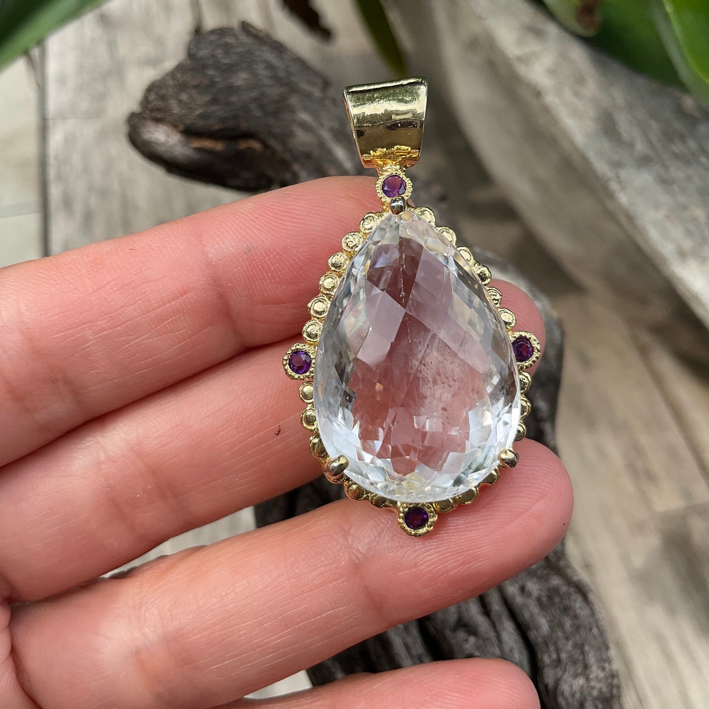 Sterling Silver pear shape Natural quartz gold Pendant